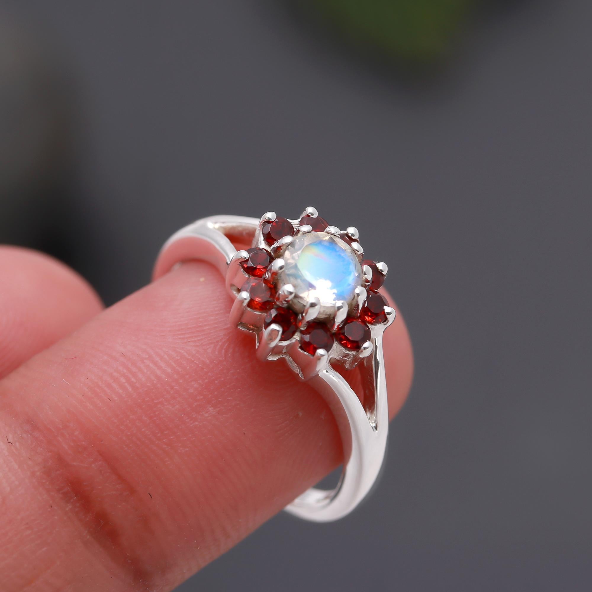 925 Silver Moonstone and Garnet Halo Ring
