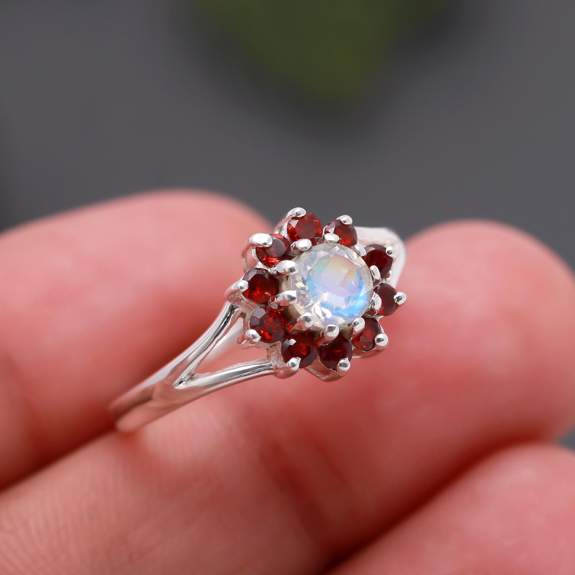 925 Silver Moonstone and Garnet Halo Ring