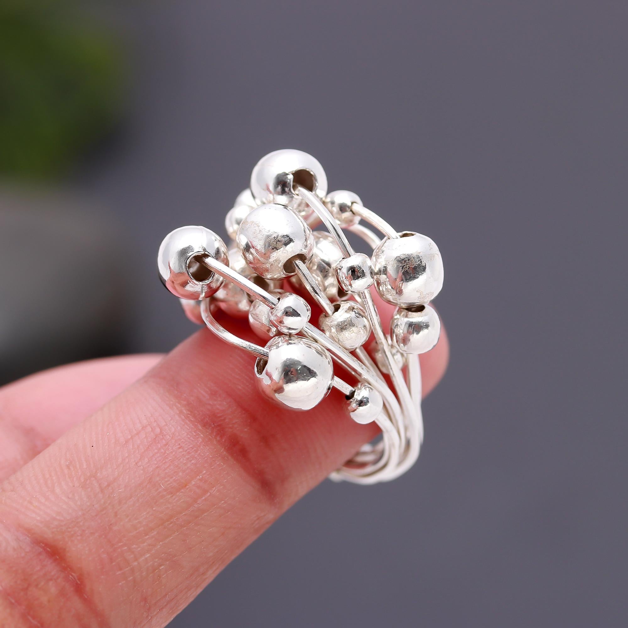 925 Silver Multi-Wire Cluster Bead Ring