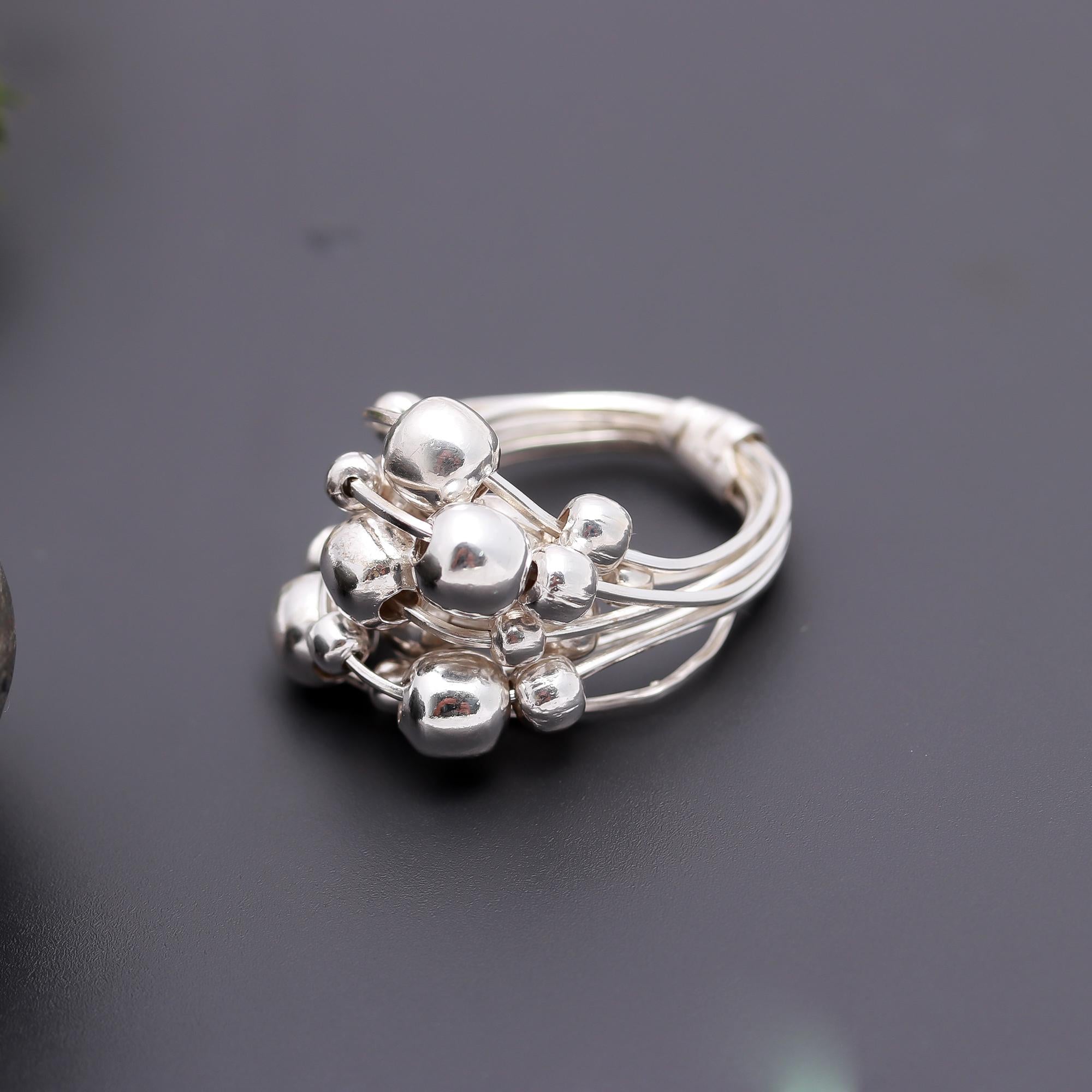 925 Silver Multi-Wire Cluster Bead Ring