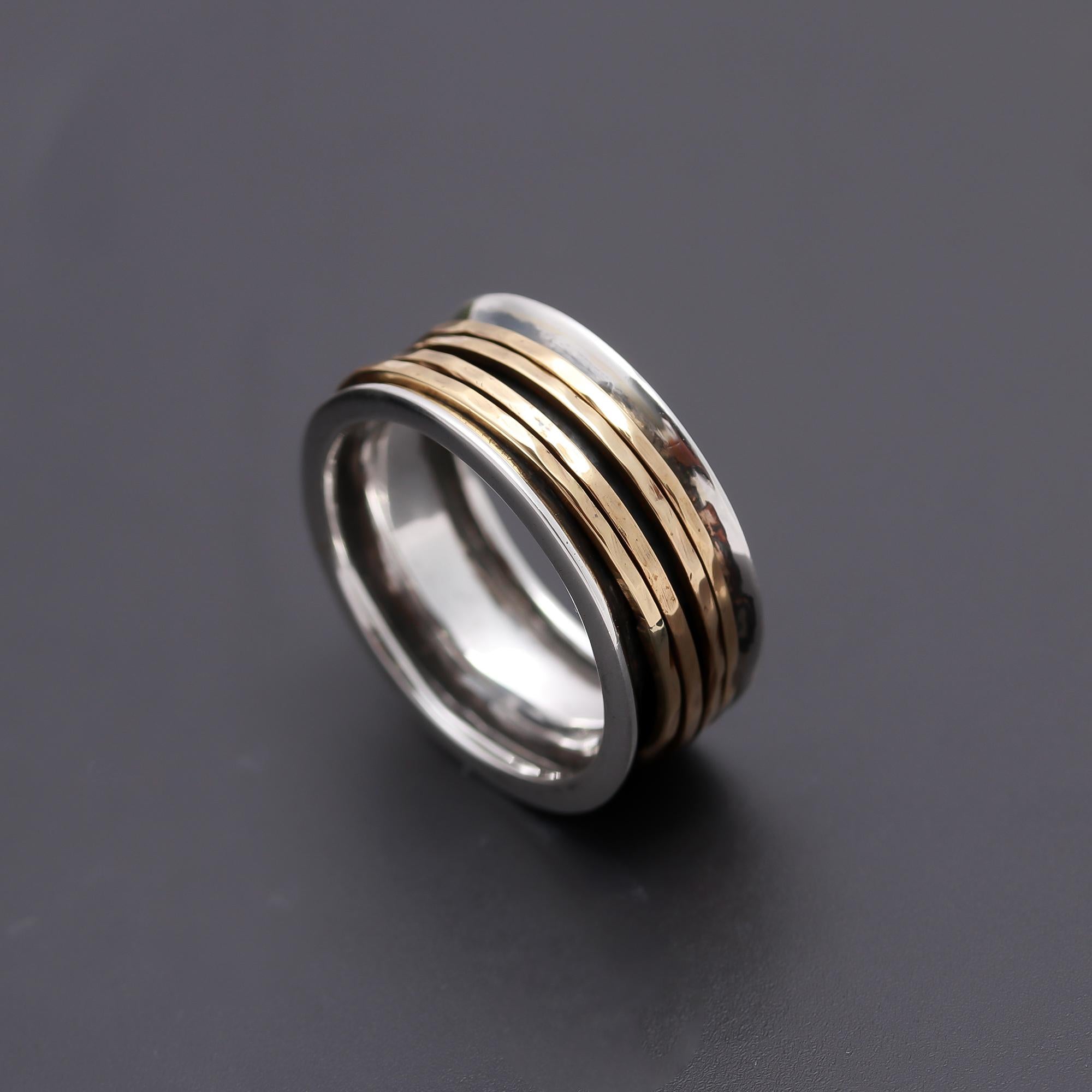 925 Silver Hammered Brass Spinner Ring