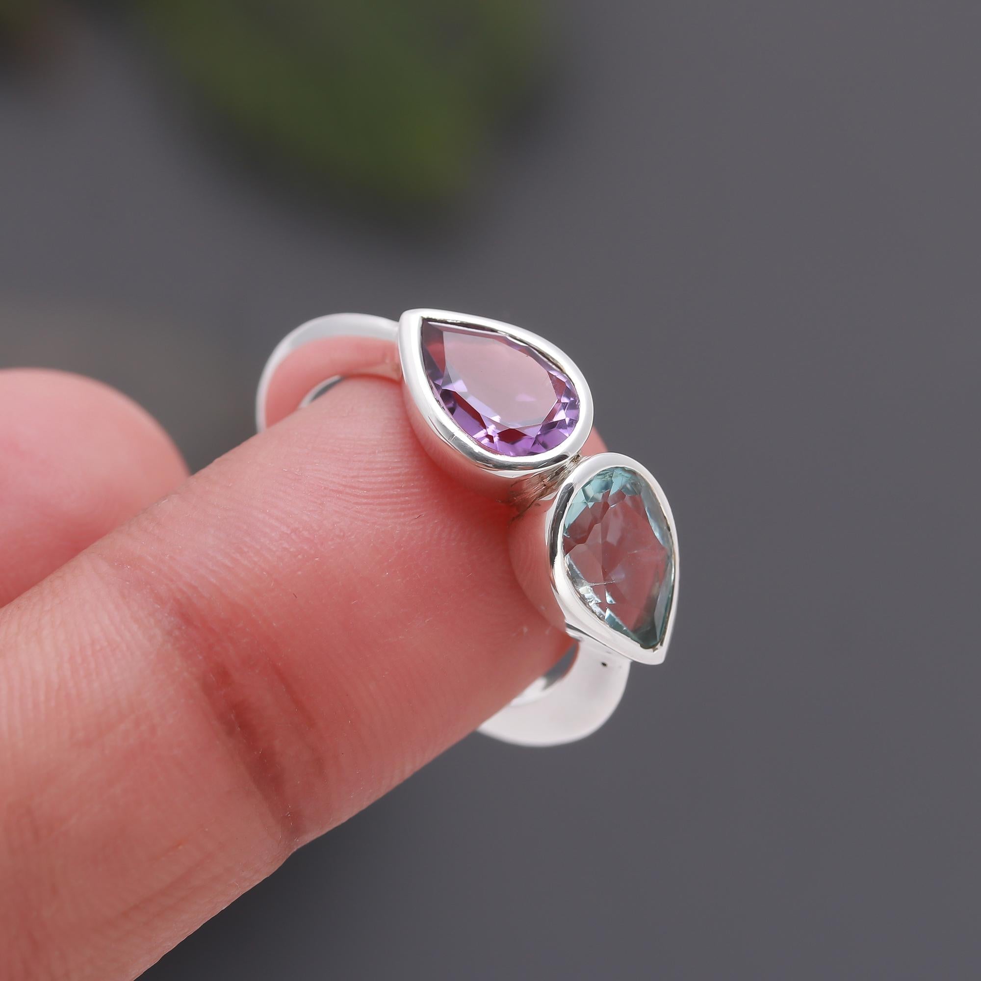 925 Silver Amethyst and Aquamarine Ring