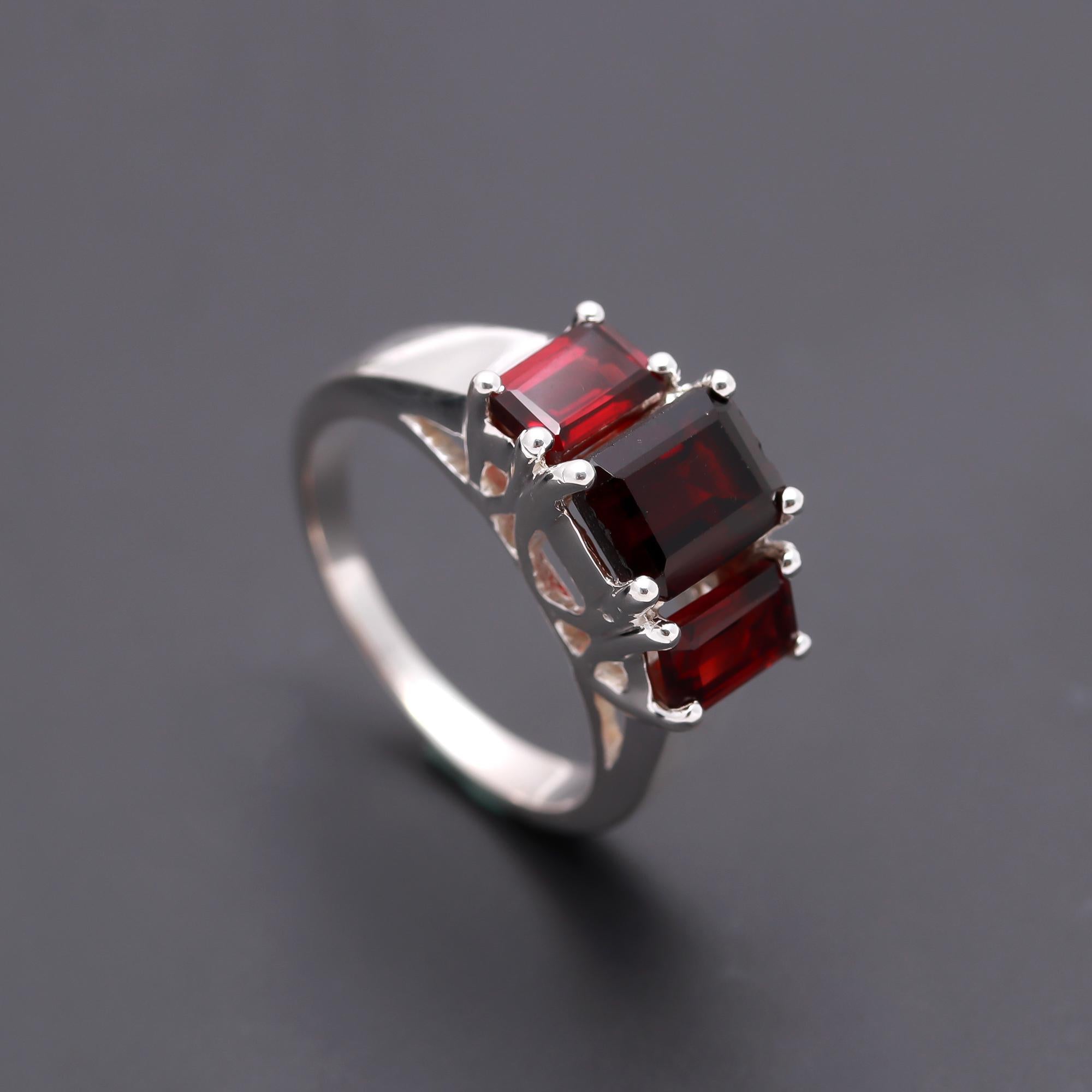 925 Silver Triple Emerald Cut Garnet Ring