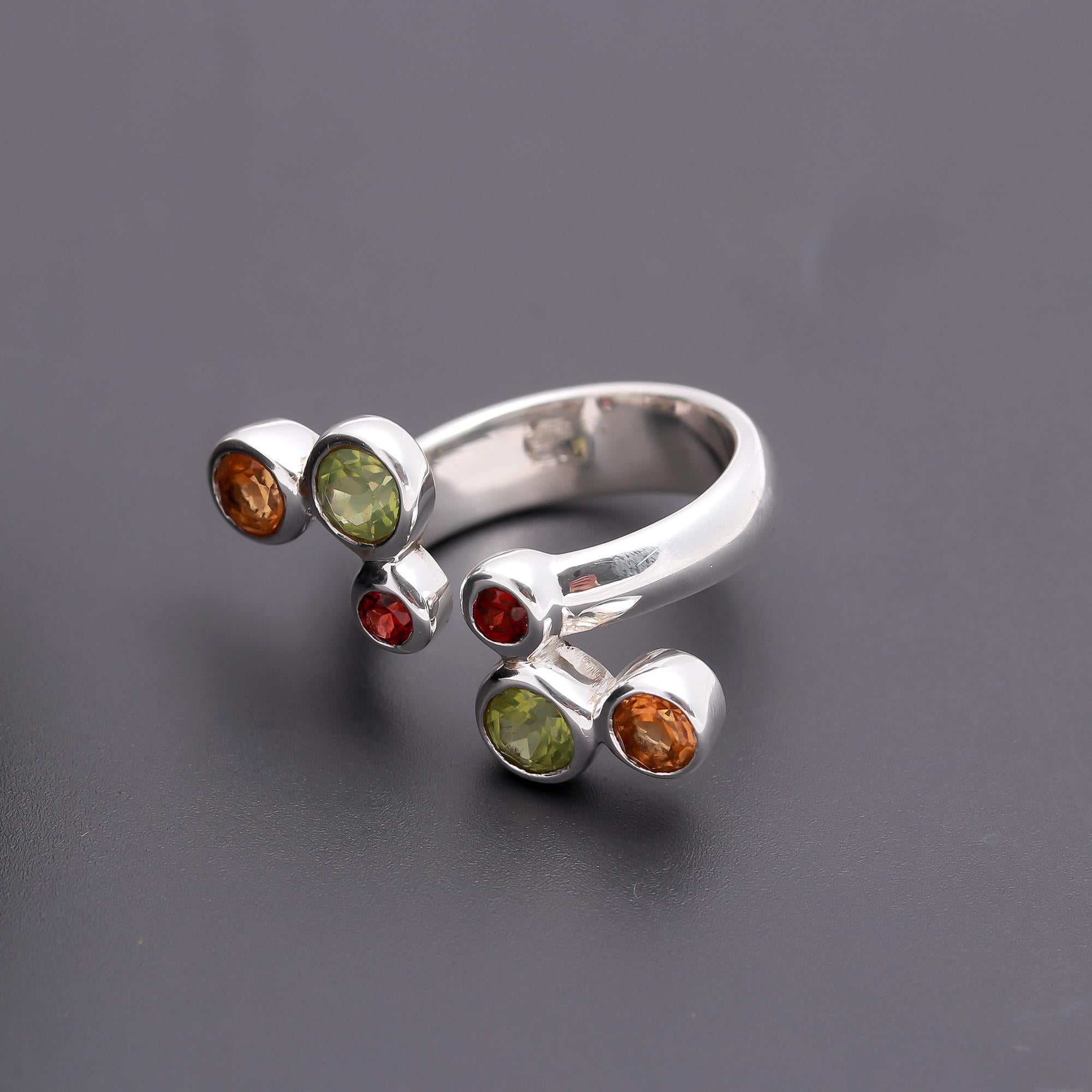925 Silver Adjustable Peridot, Garnet & Citrine Ring