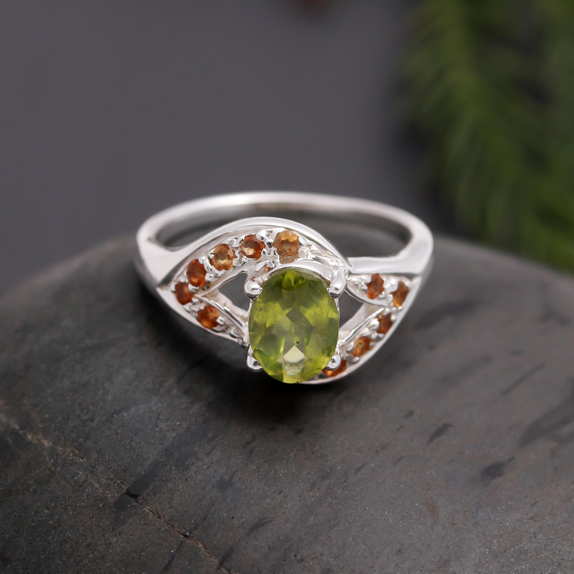 925 Silver Peridot & Citrine Designer Ring
