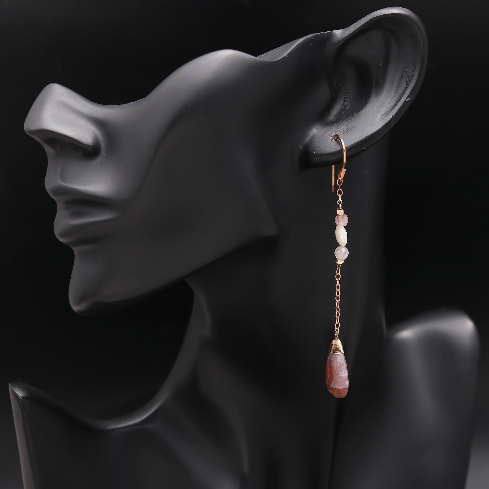 Designer Brass Chain Earrings with Strawberry Quartz and Silverite