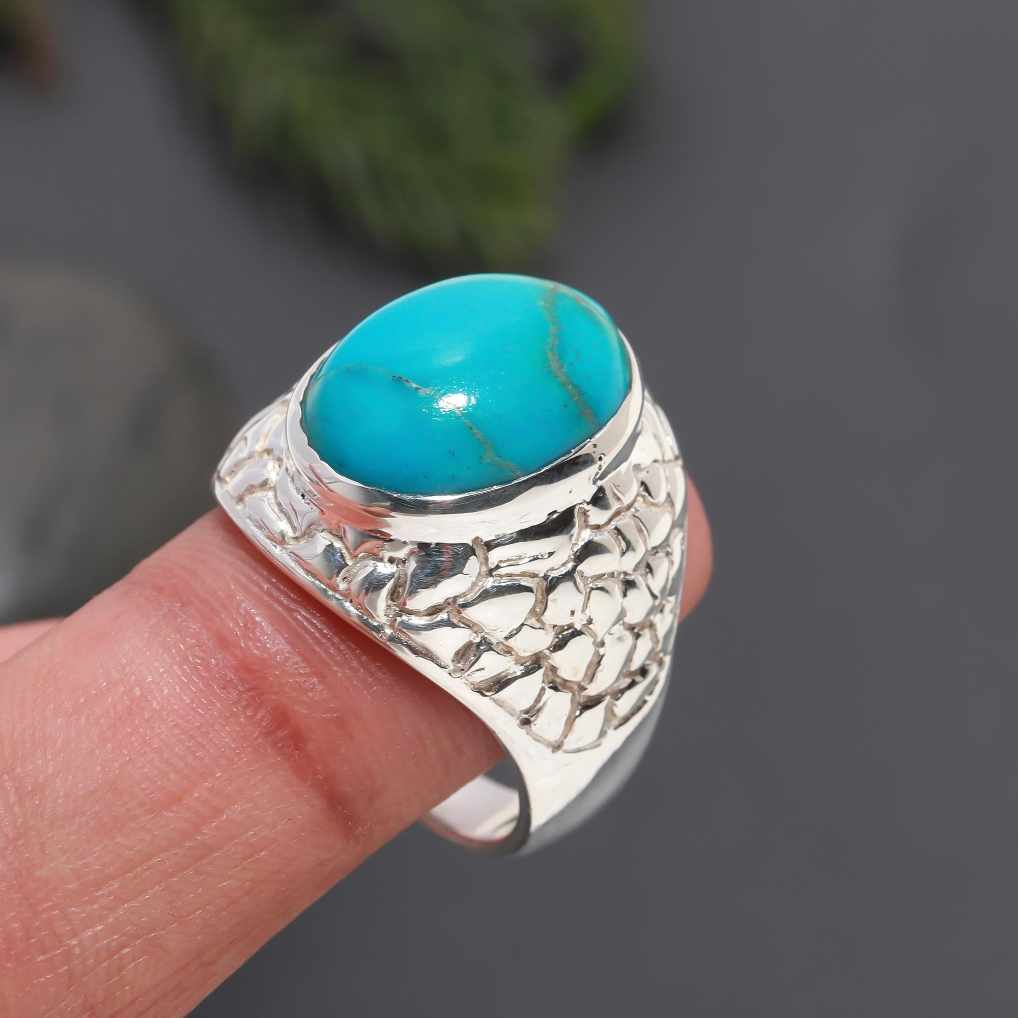 925 Silver Textured Wide-Band Turquoise Ring