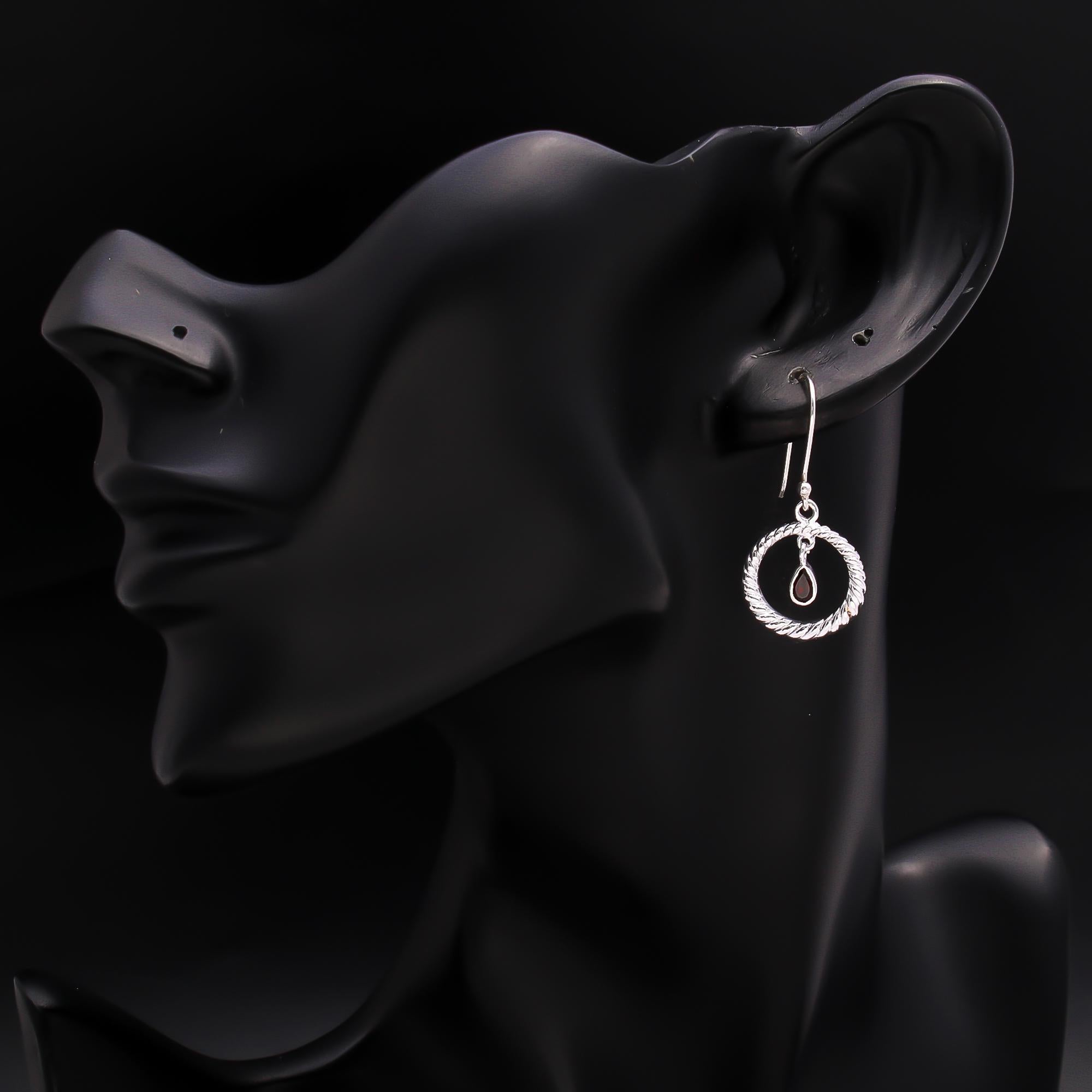 925 Silver Twisted Hoop Garnet Drop Earrings