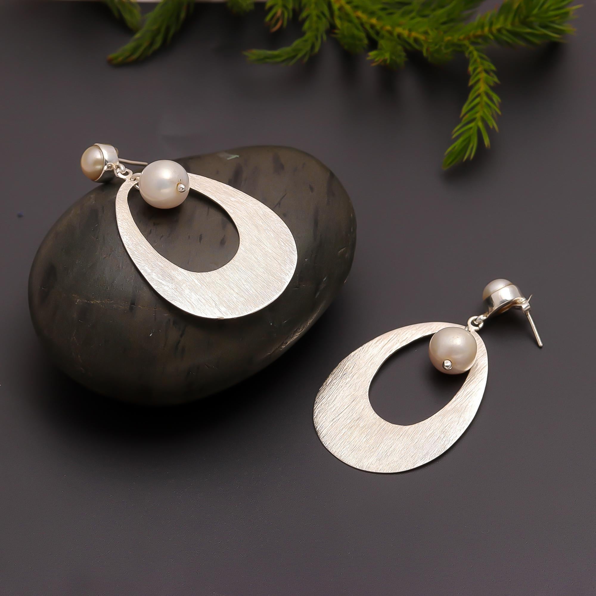 925 Silver Brushed Oval Pearl Drop Earrings