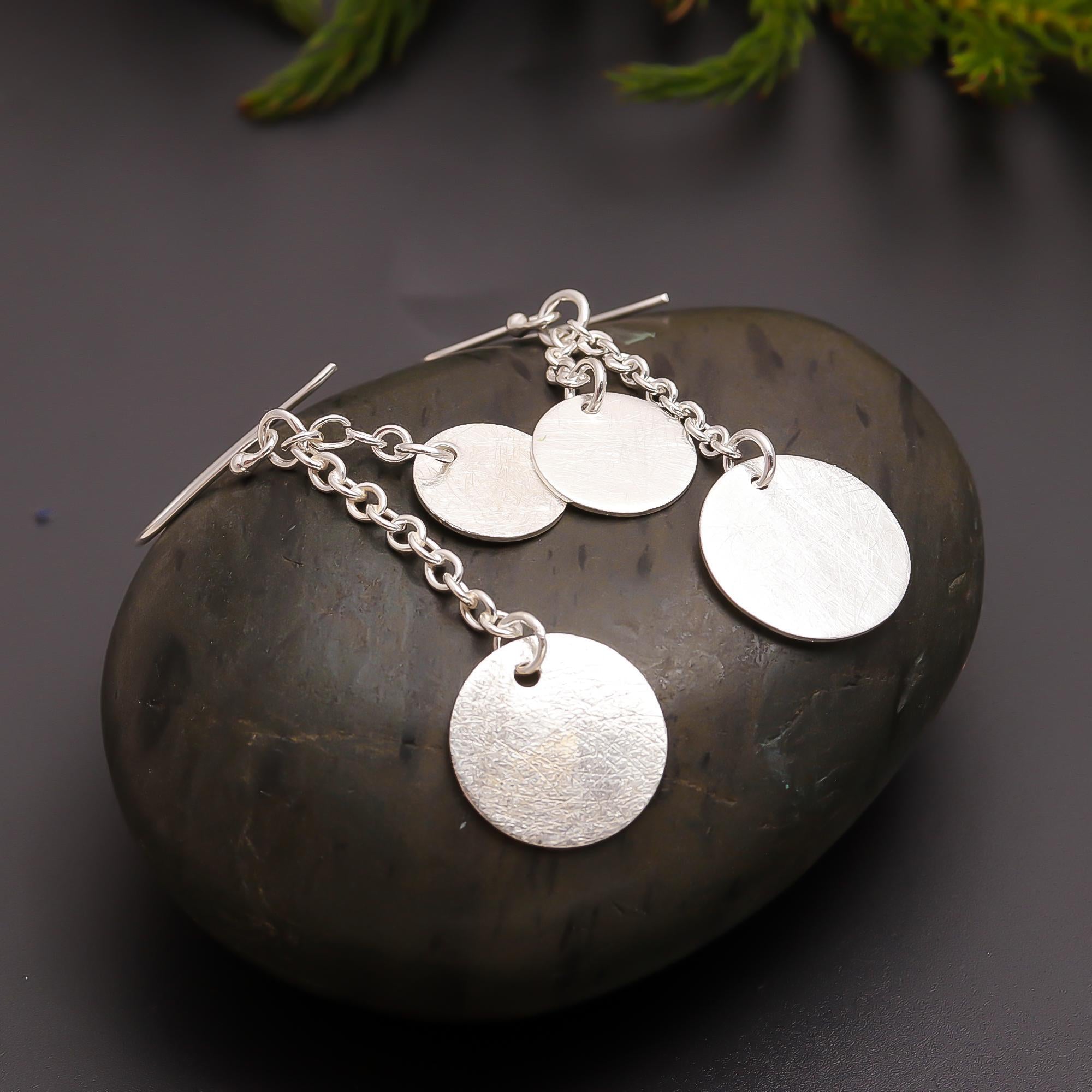 925 Silver Textured Chain Disc Dangle Earrings