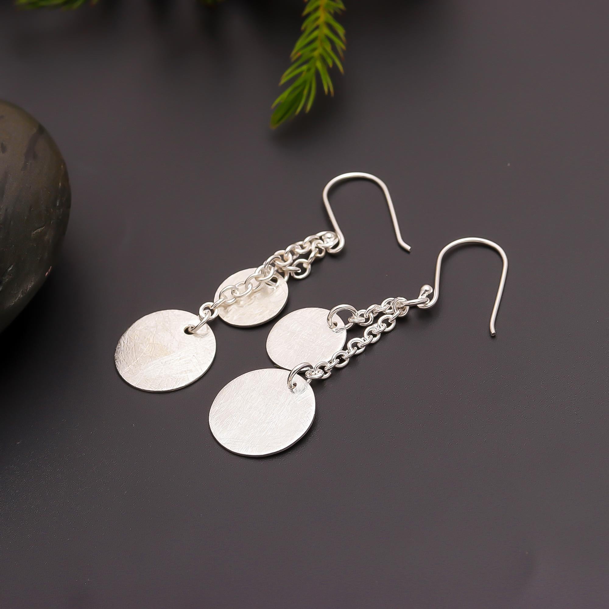 925 Silver Textured Chain Disc Dangle Earrings