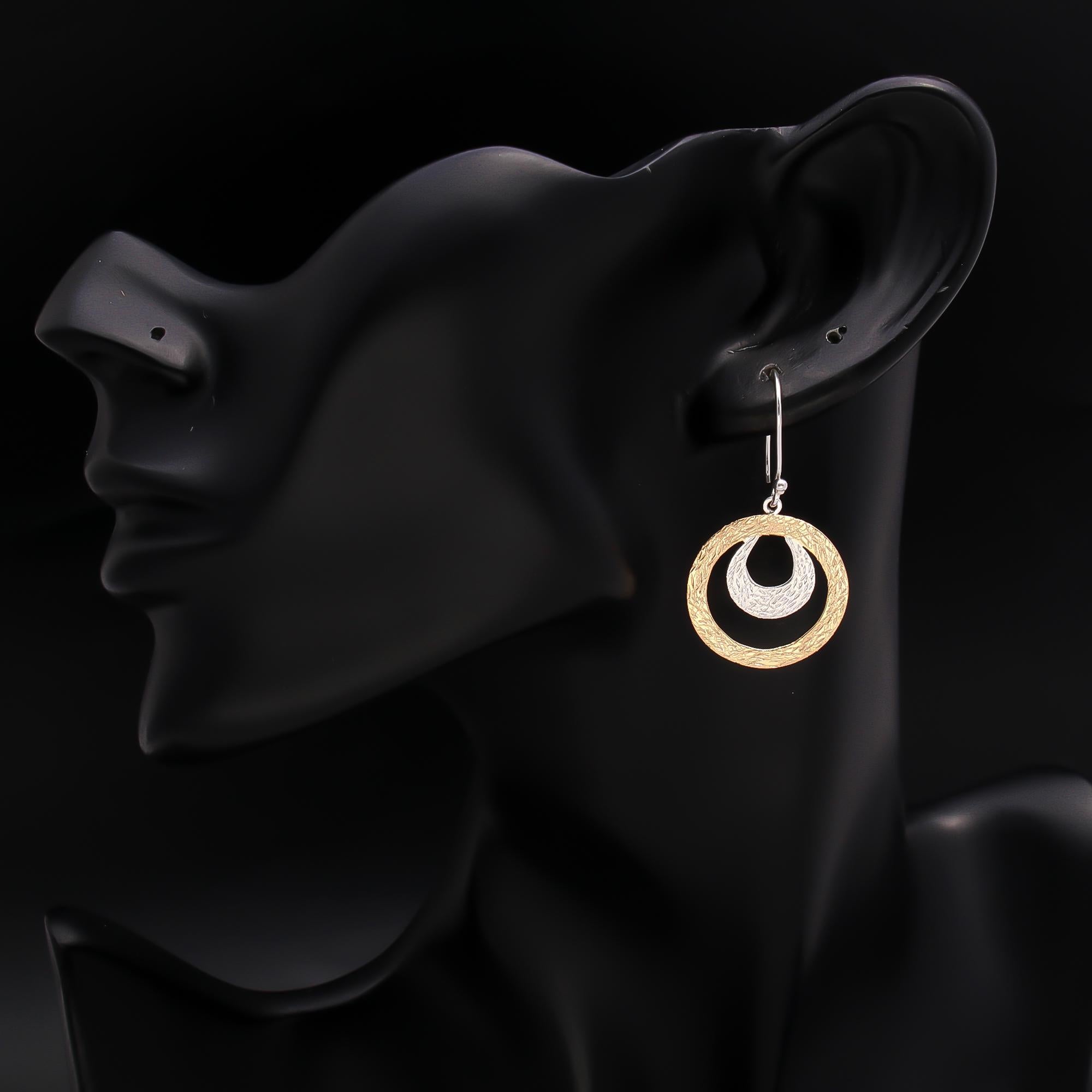 925 Silver Two-Tone Textured Circle Drop Earrings