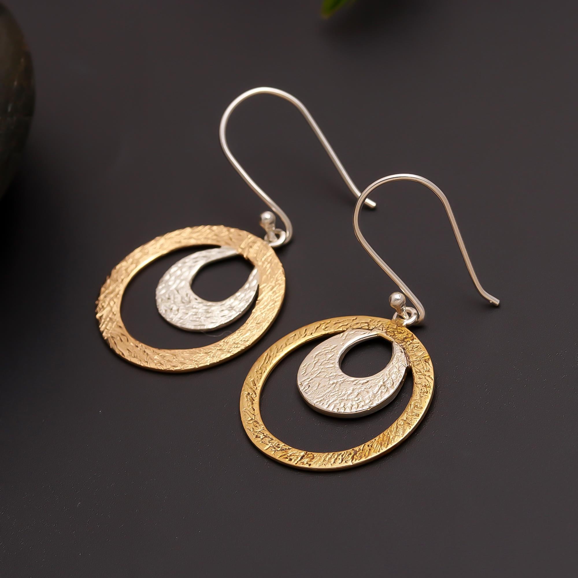 925 Silver Two-Tone Textured Circle Drop Earrings