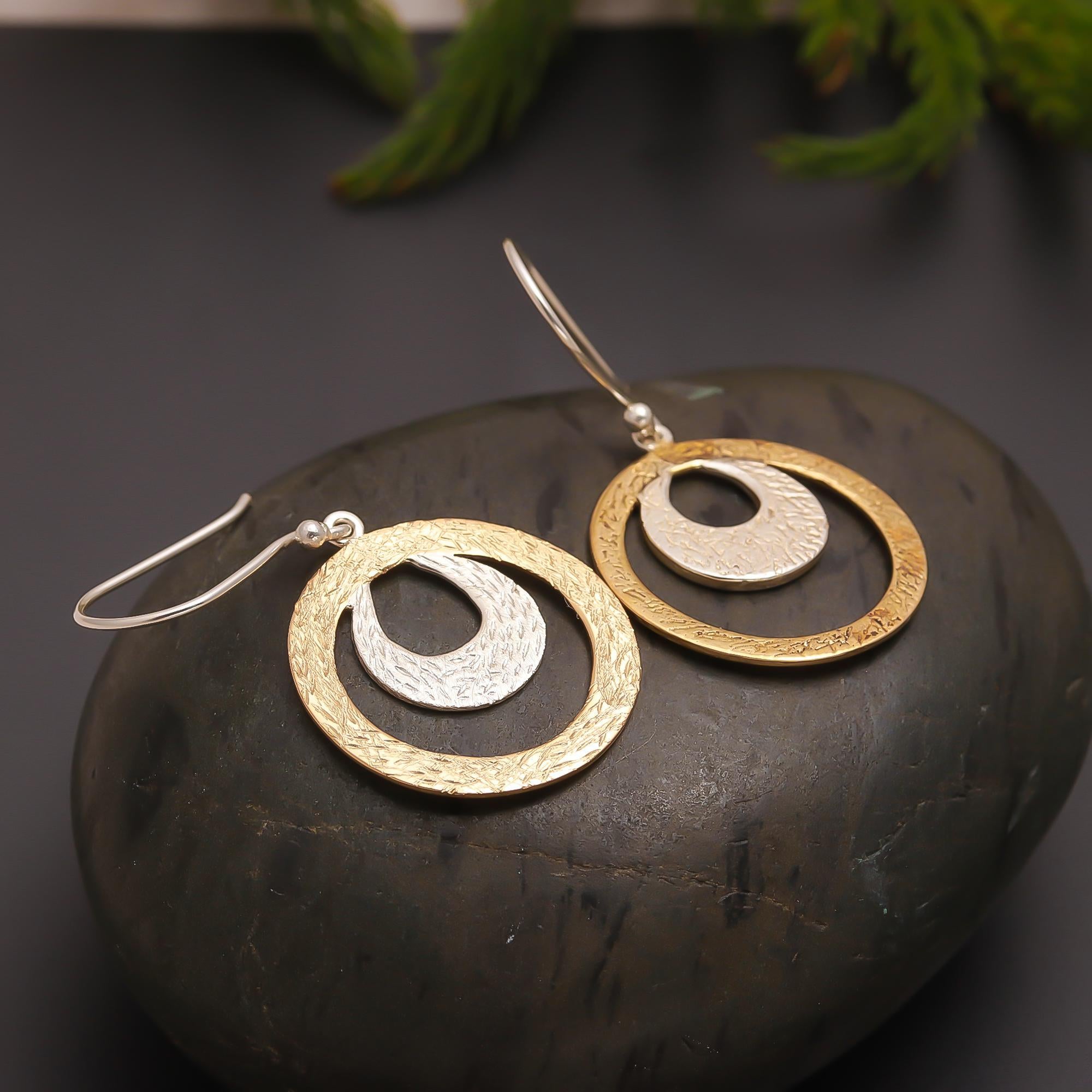 925 Silver Two-Tone Textured Circle Drop Earrings