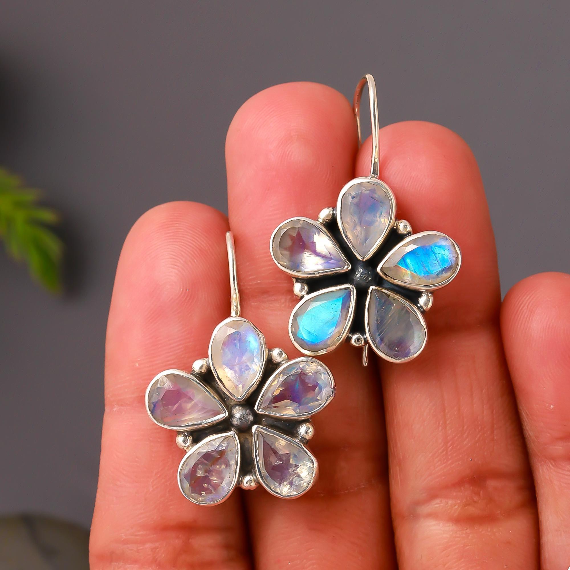 925 Silver Moonstone Flower Drop Earrings