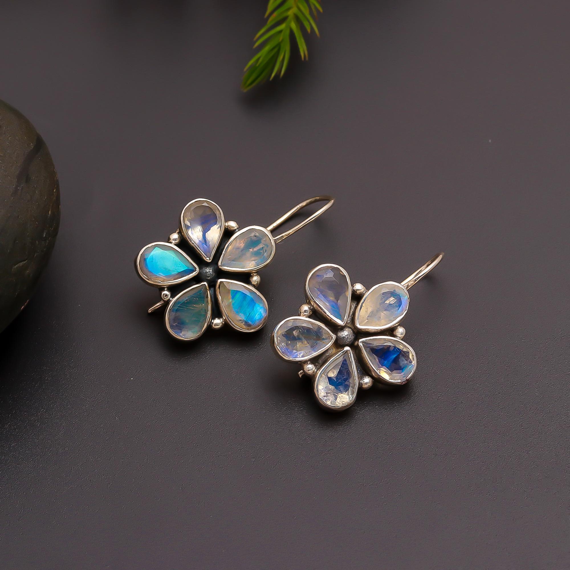 925 Silver Moonstone Flower Drop Earrings