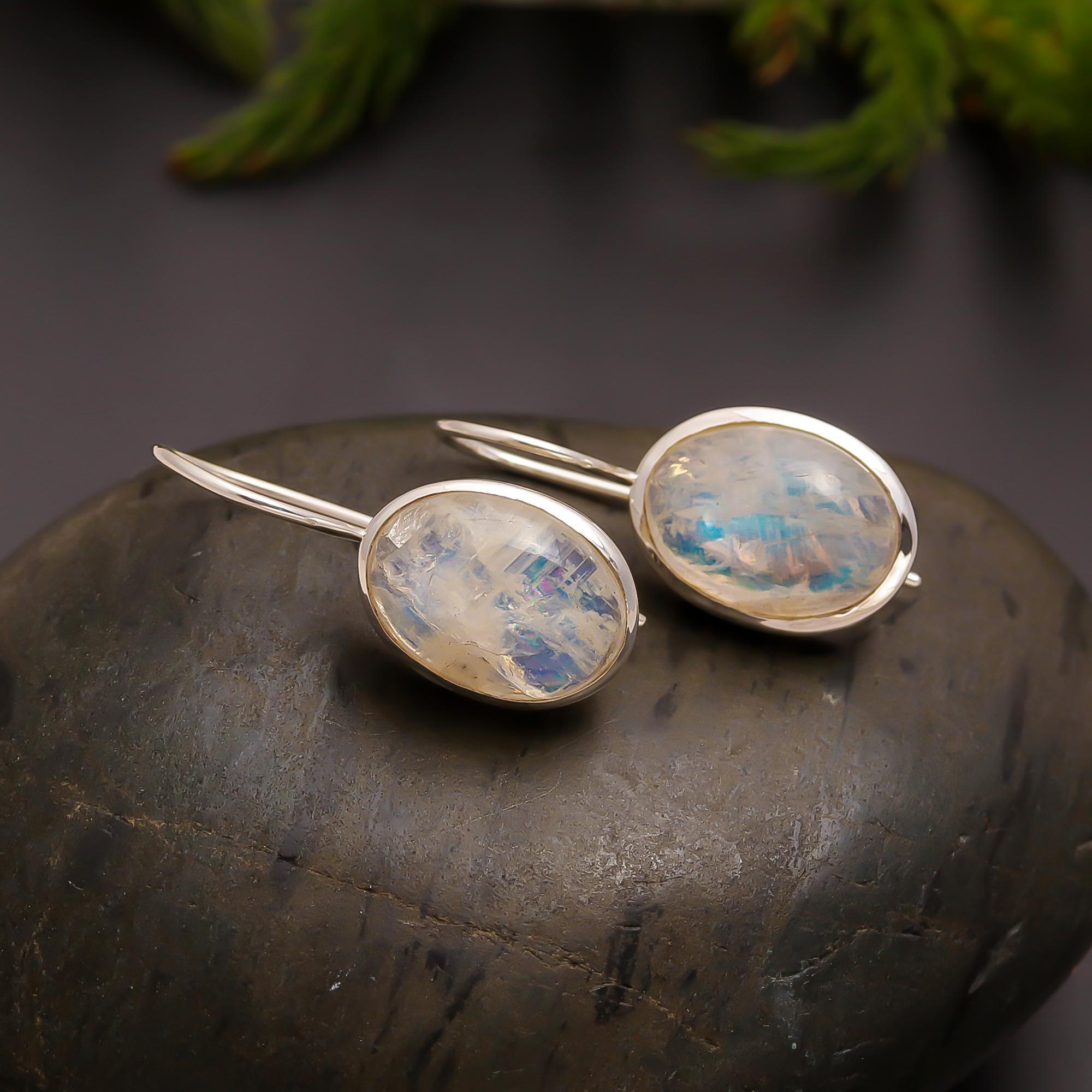 925 Silver Oval Moonstone Drop Earrings