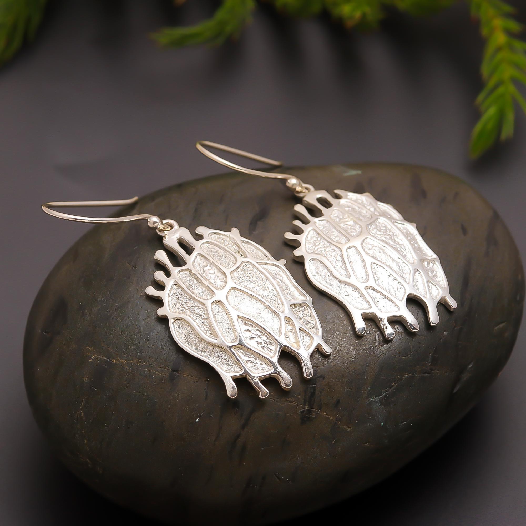 925 Silver Textured Leaf Vein Drop Earrings