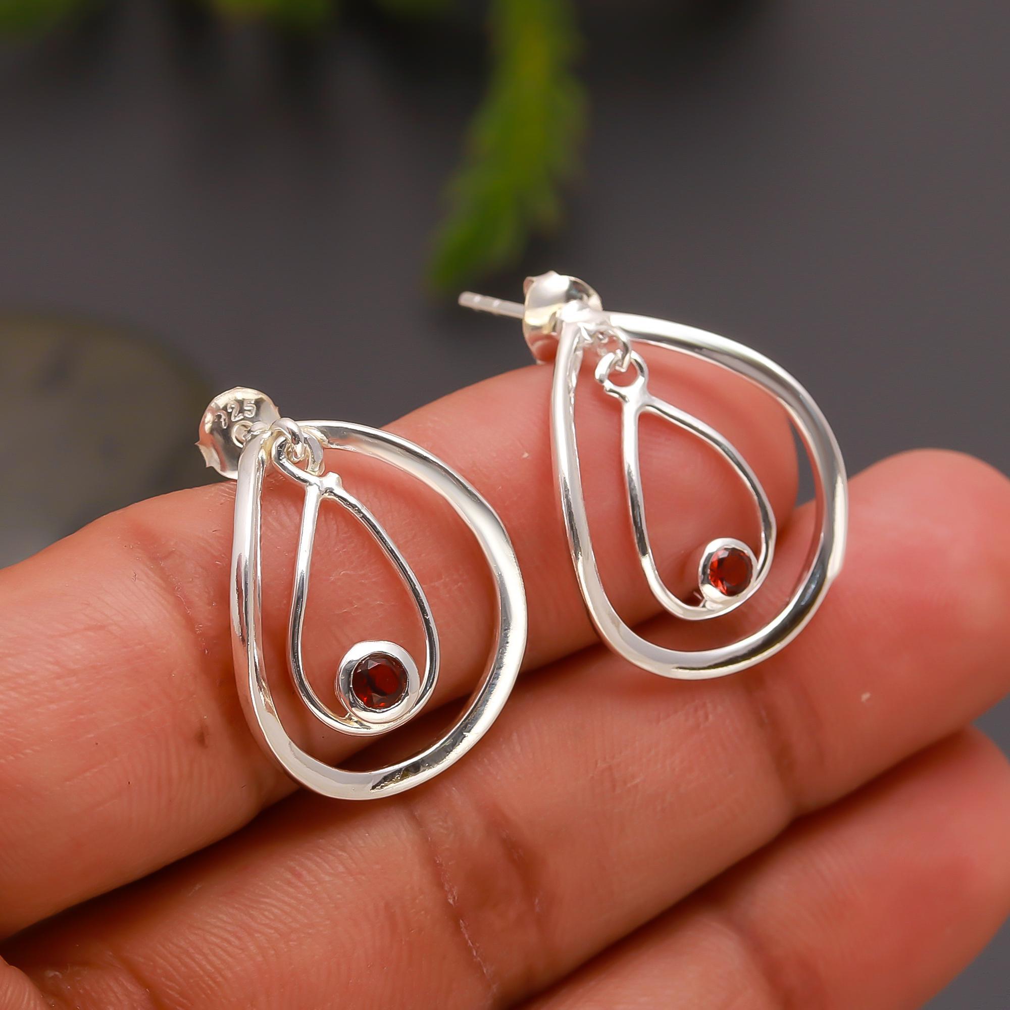 925 Silver Dual Teardrop Garnet Earrings