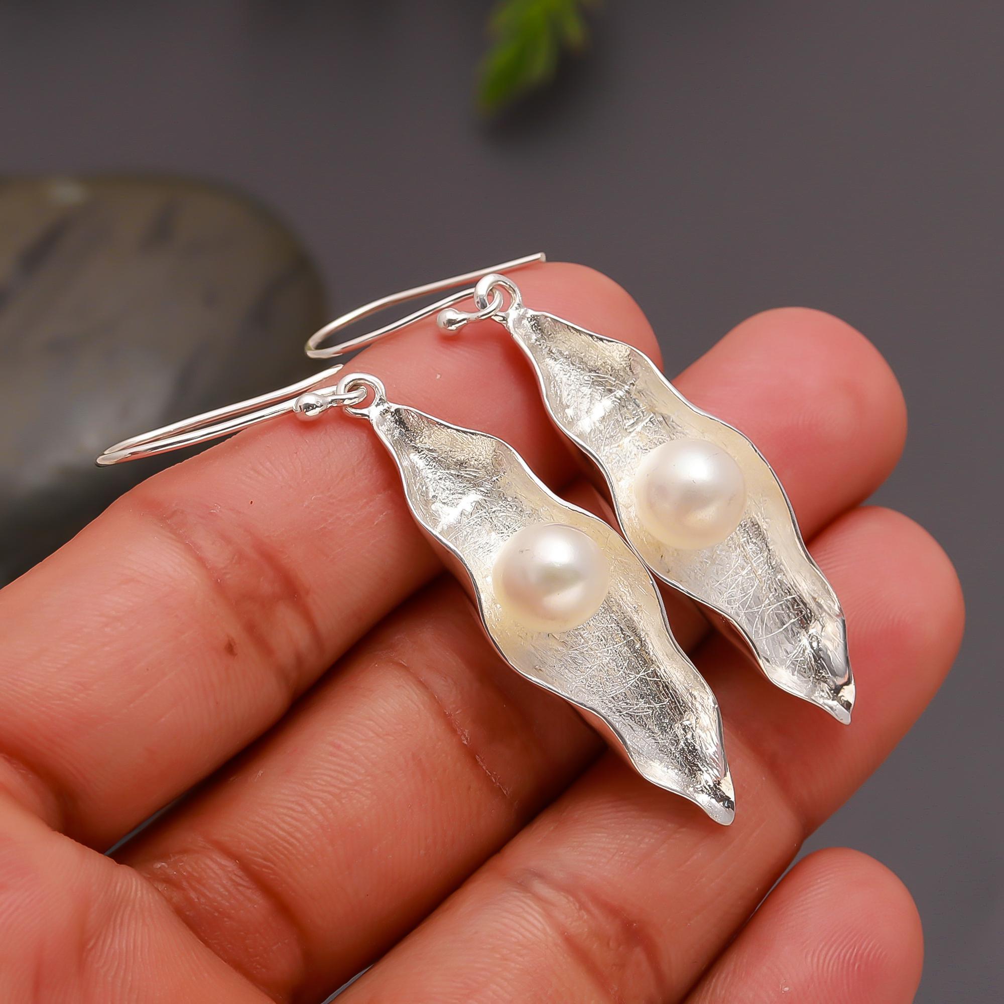 925 Silver Leaf Pod Pearl Drop Earrings