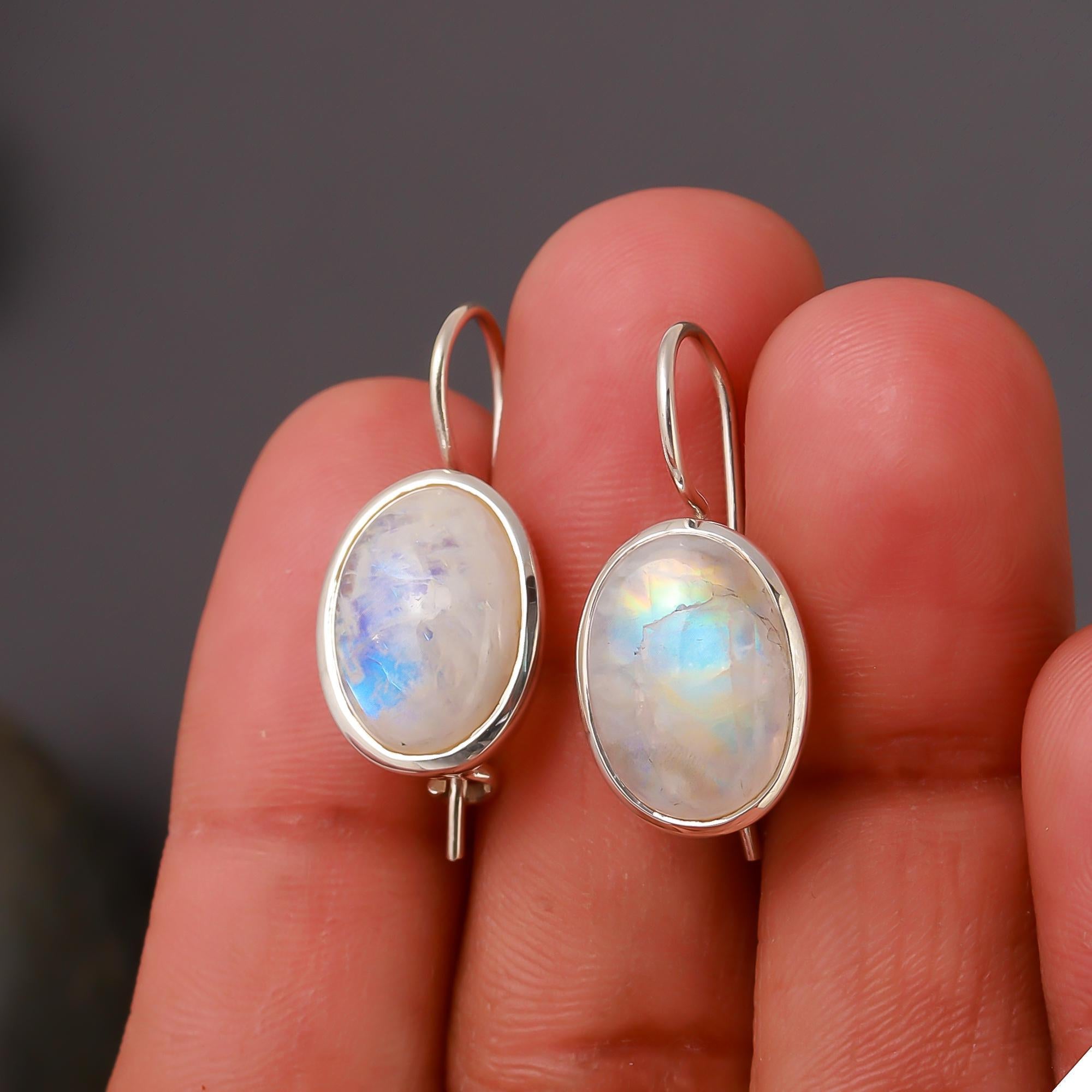 925 Silver Oval Rainbow Moonstone Earrings