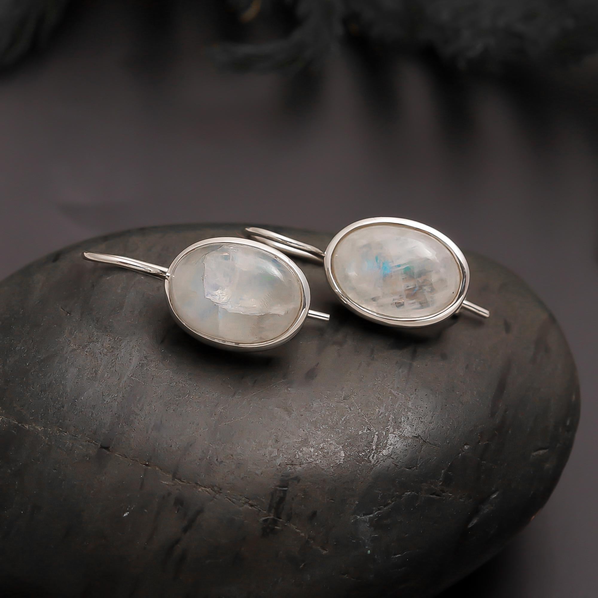 925 Silver Oval Rainbow Moonstone Earrings