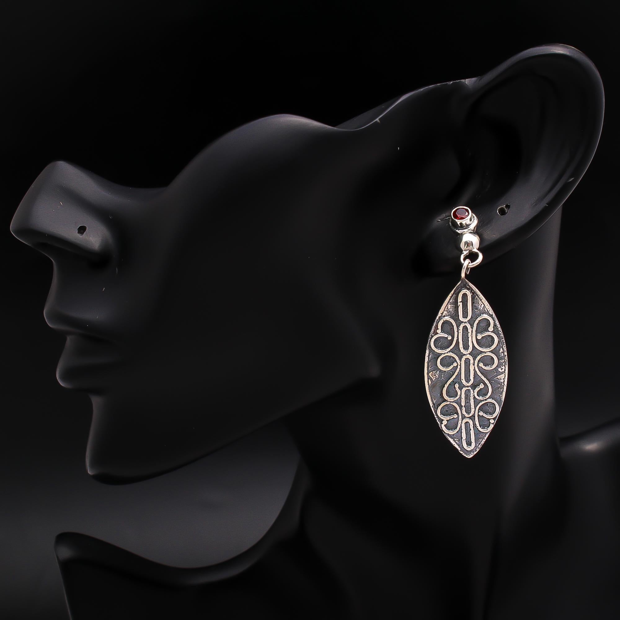 925 Silver Filigree Teardrop Garnet Drop Earrings