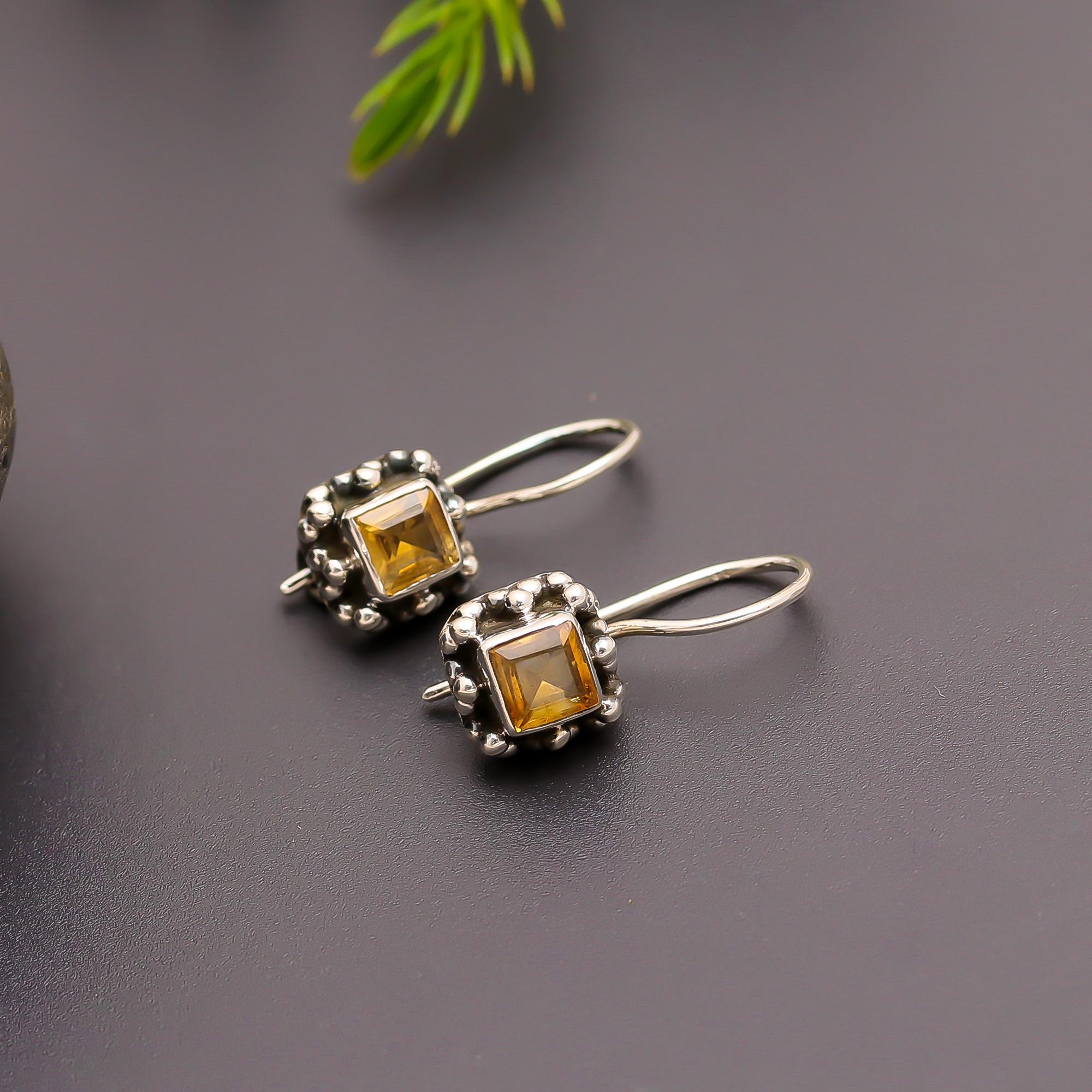 925 Silver Vintage Citrine Drop Earrings