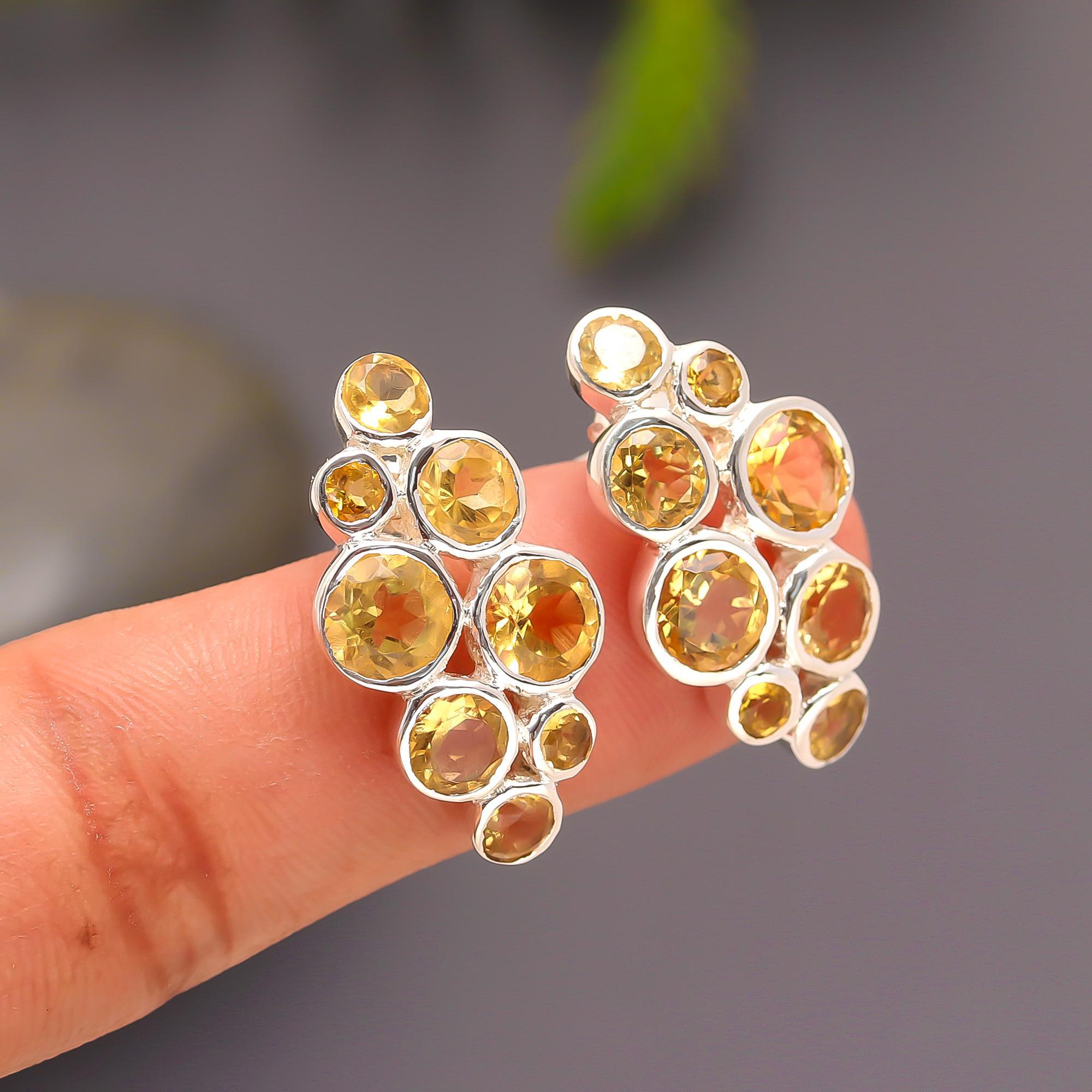 925 Silver Cluster Citrine Stud Earrings