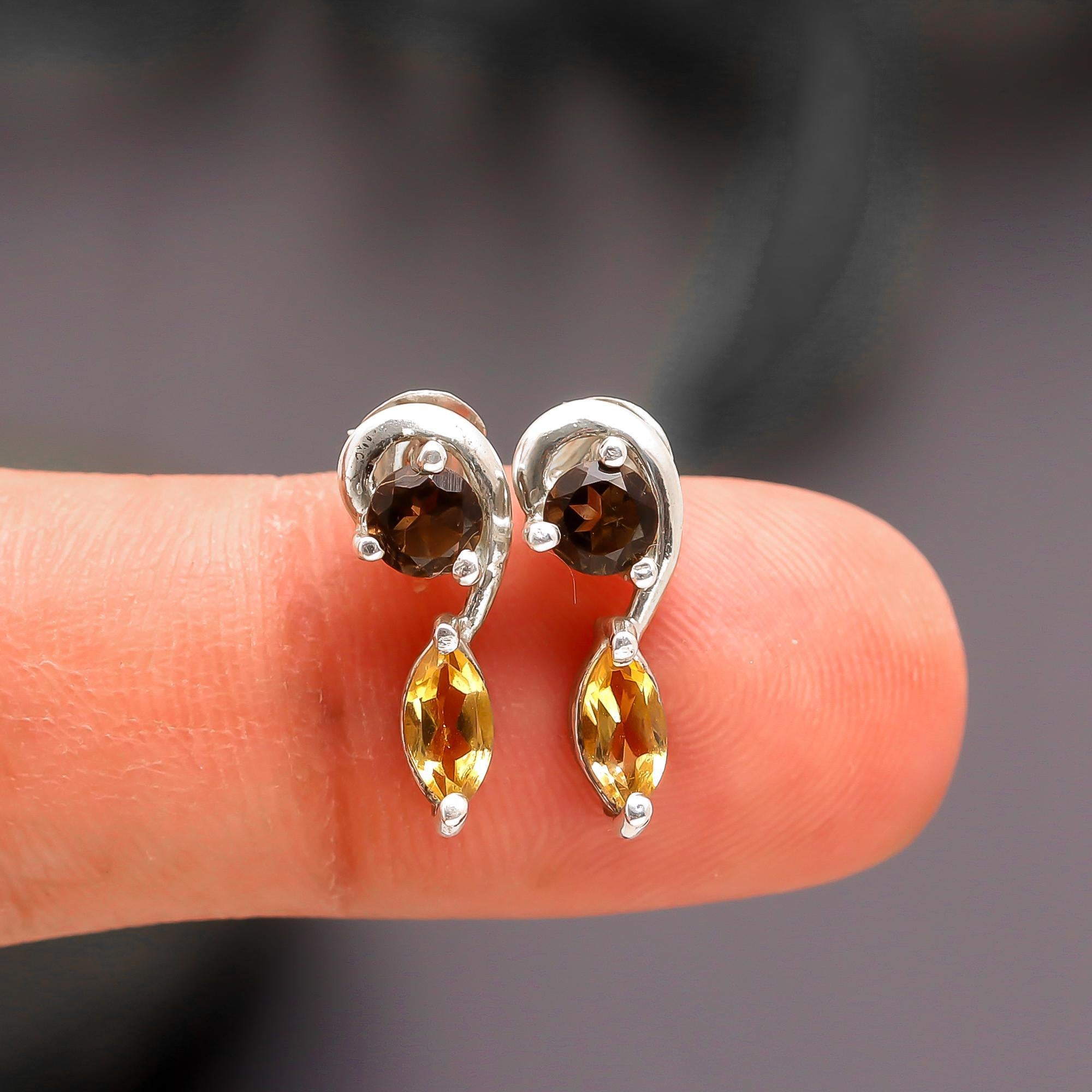 925 Silver Two-Tone Smoky Quartz & Citrine Studs Earrings