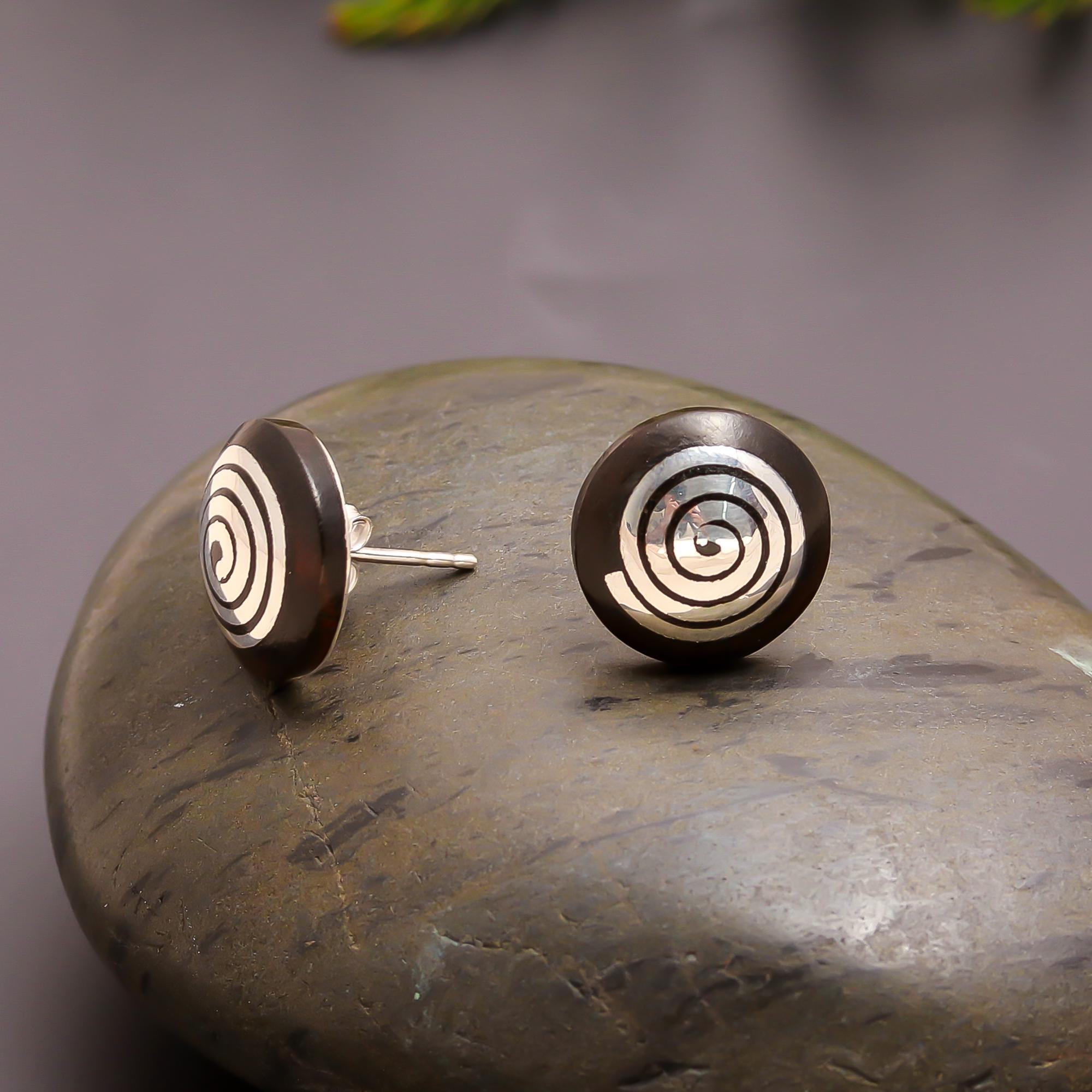925 Silver Spiral Shell Inlay Round Stud Earrings