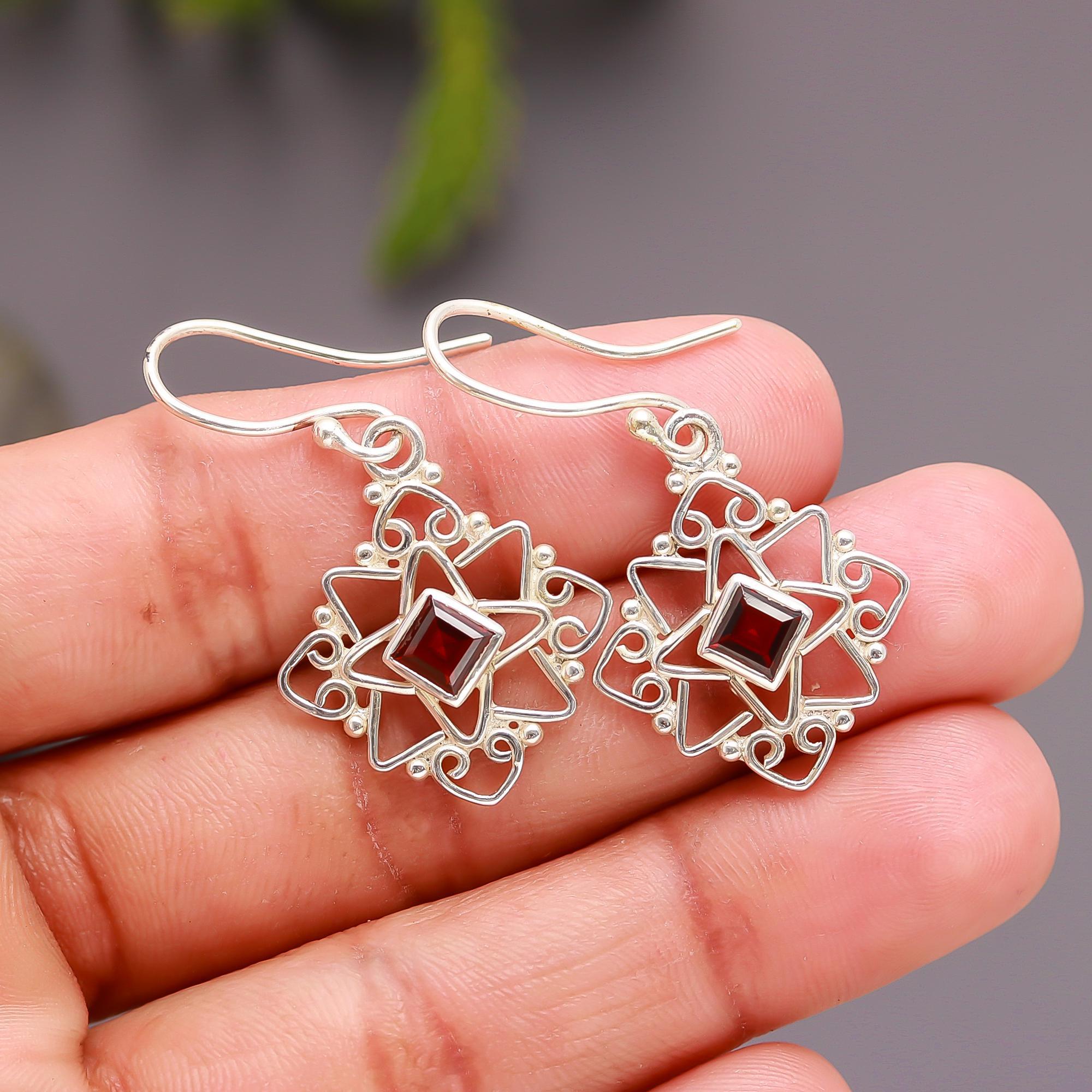 925 Silver Garnet Star Mandala Earrings