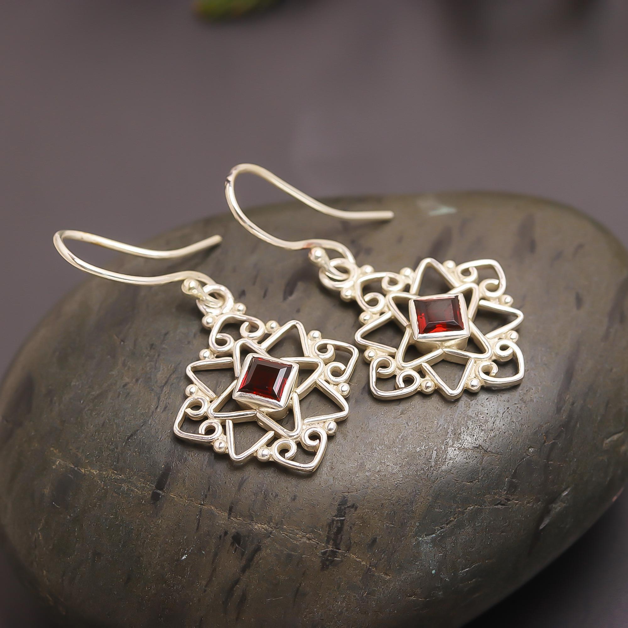 925 Silver Garnet Star Mandala Earrings