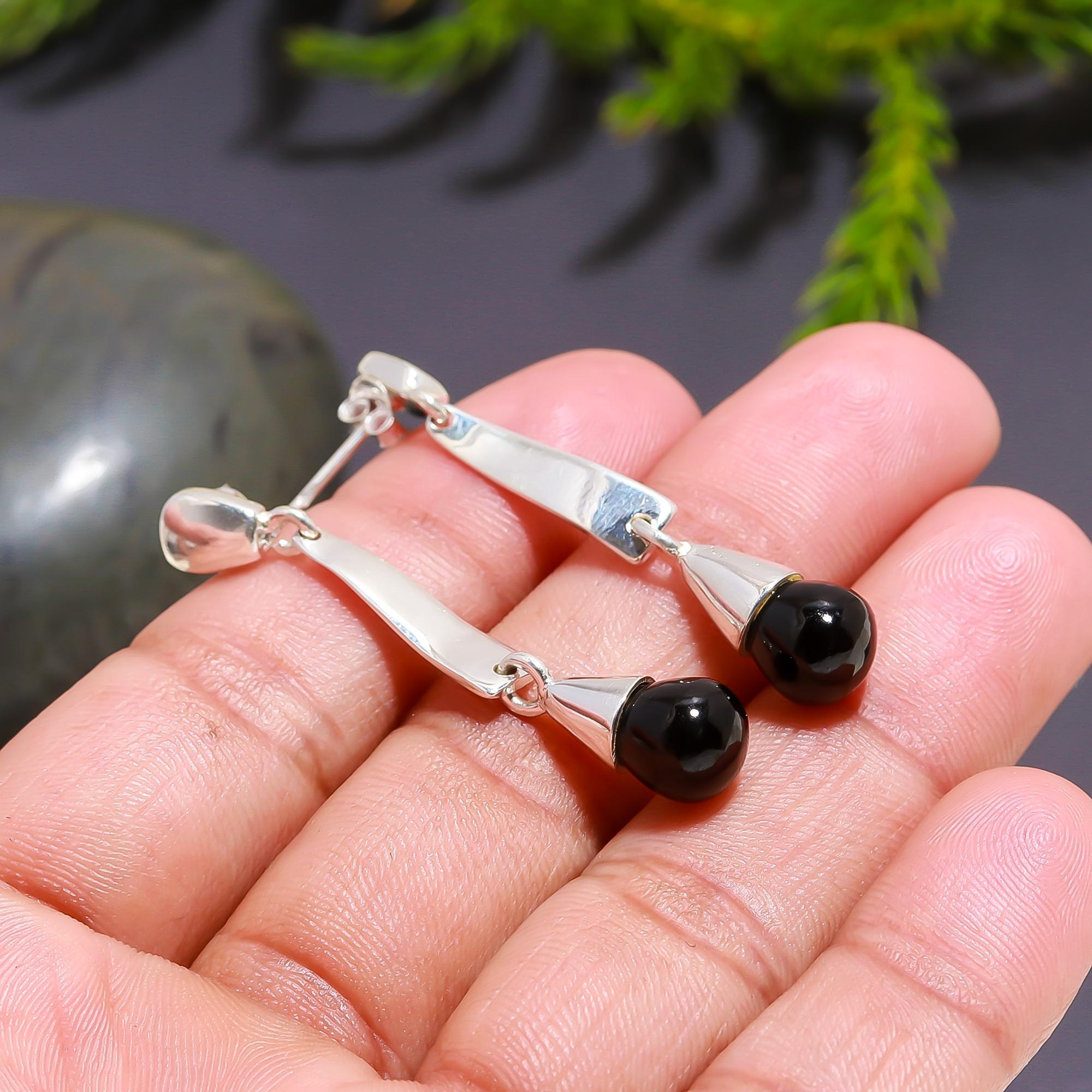 925 Silver Black Onyx Long Drop Earrings
