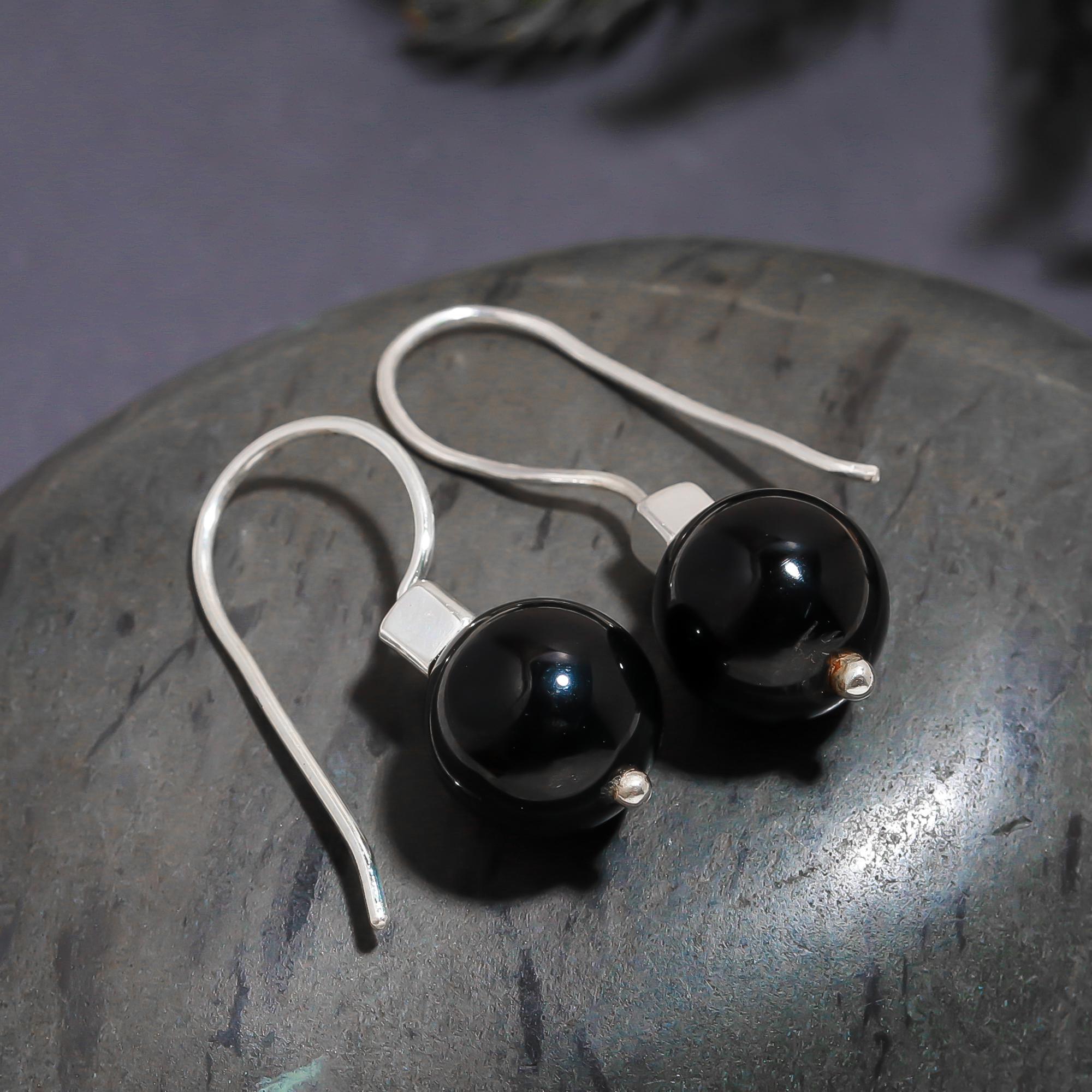 925 Silver Black Onyx Ball Drop Earrings