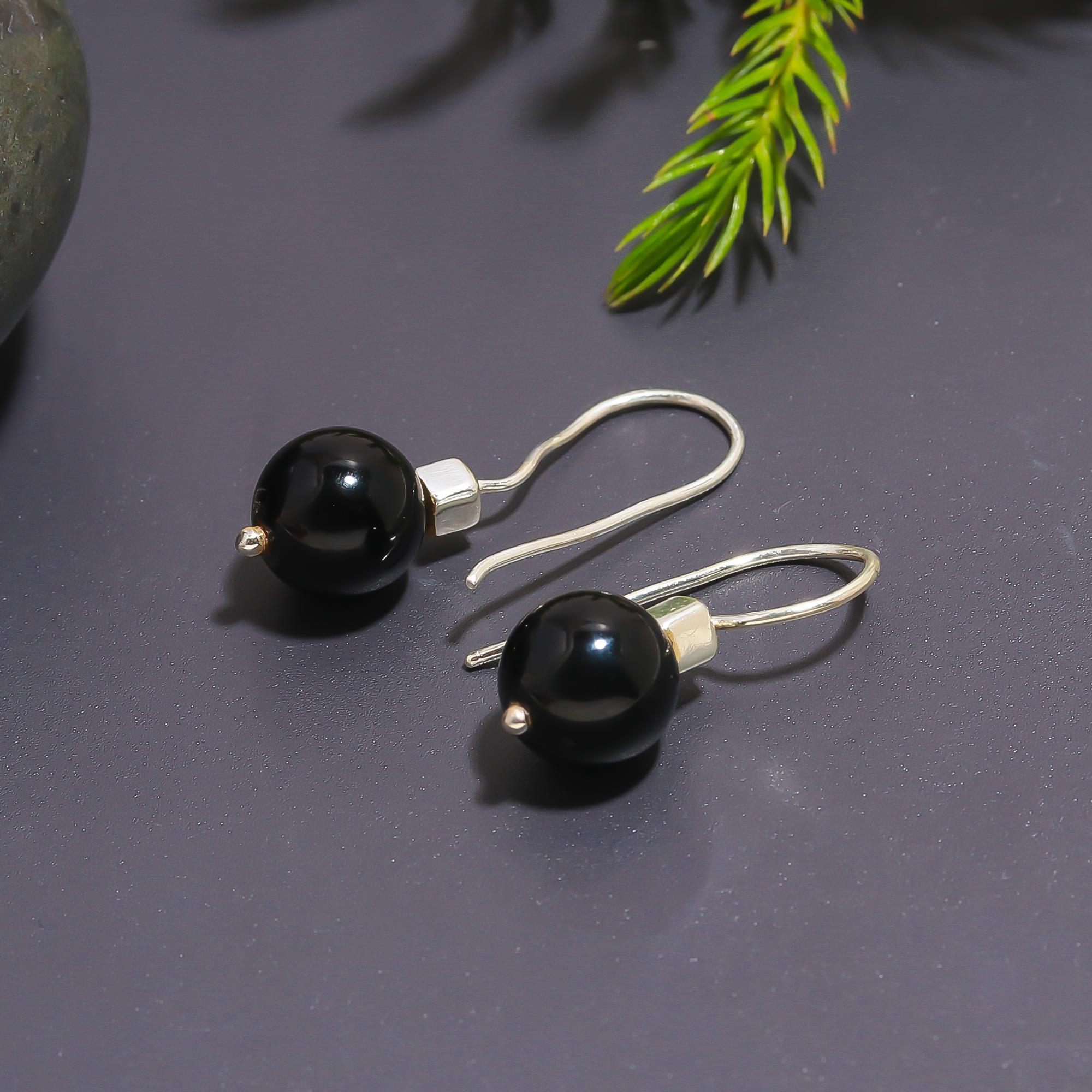925 Silver Black Onyx Ball Drop Earrings