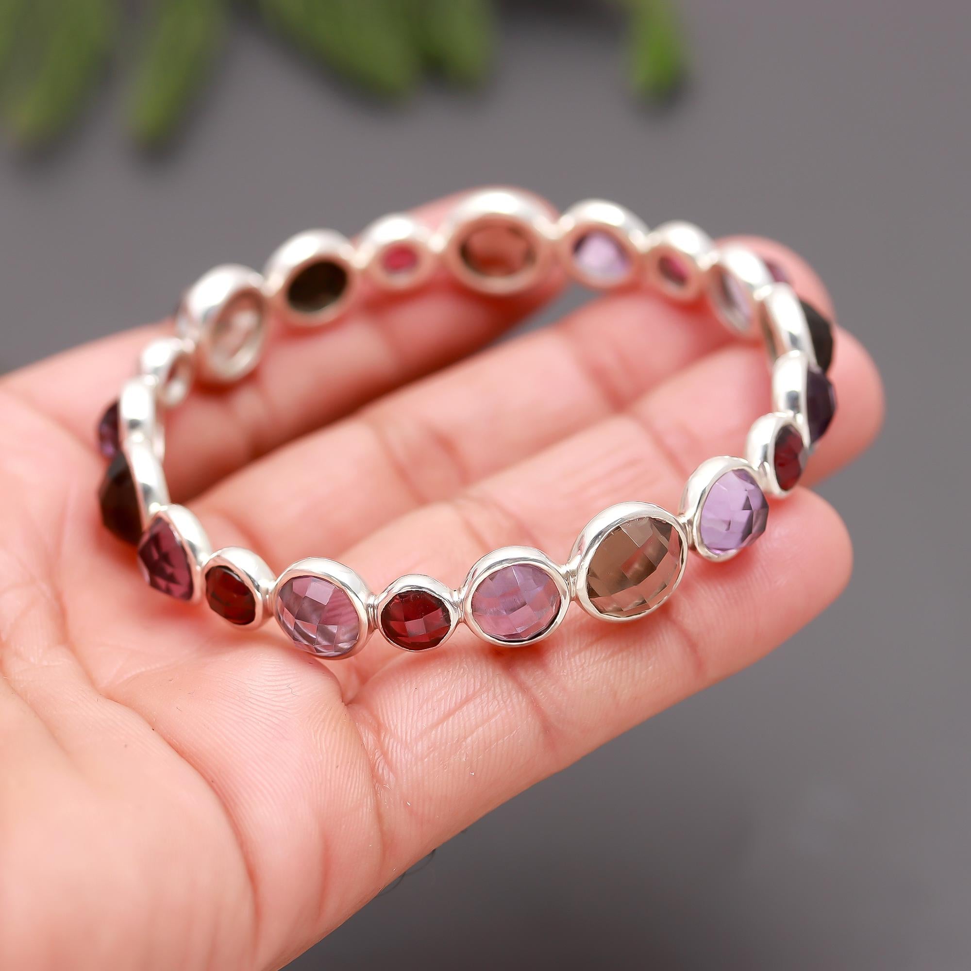 925 Silver Multi-Gemstone Faceted Bangle Bracelet
