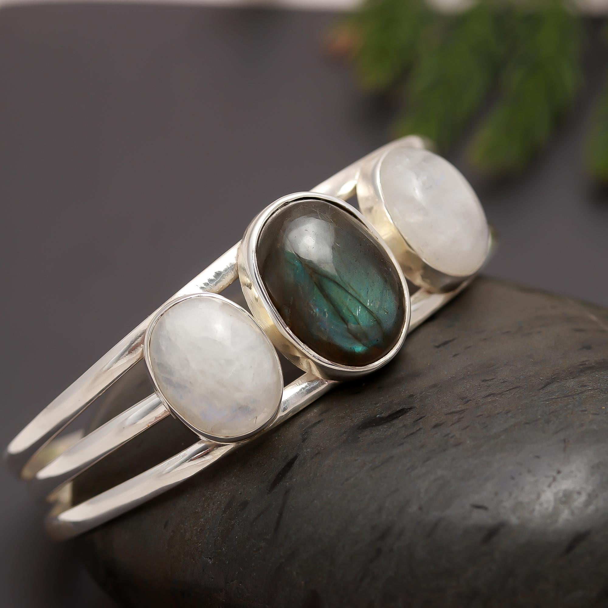 925 Silver Labradorite & Moonstone Cuff Bracelet