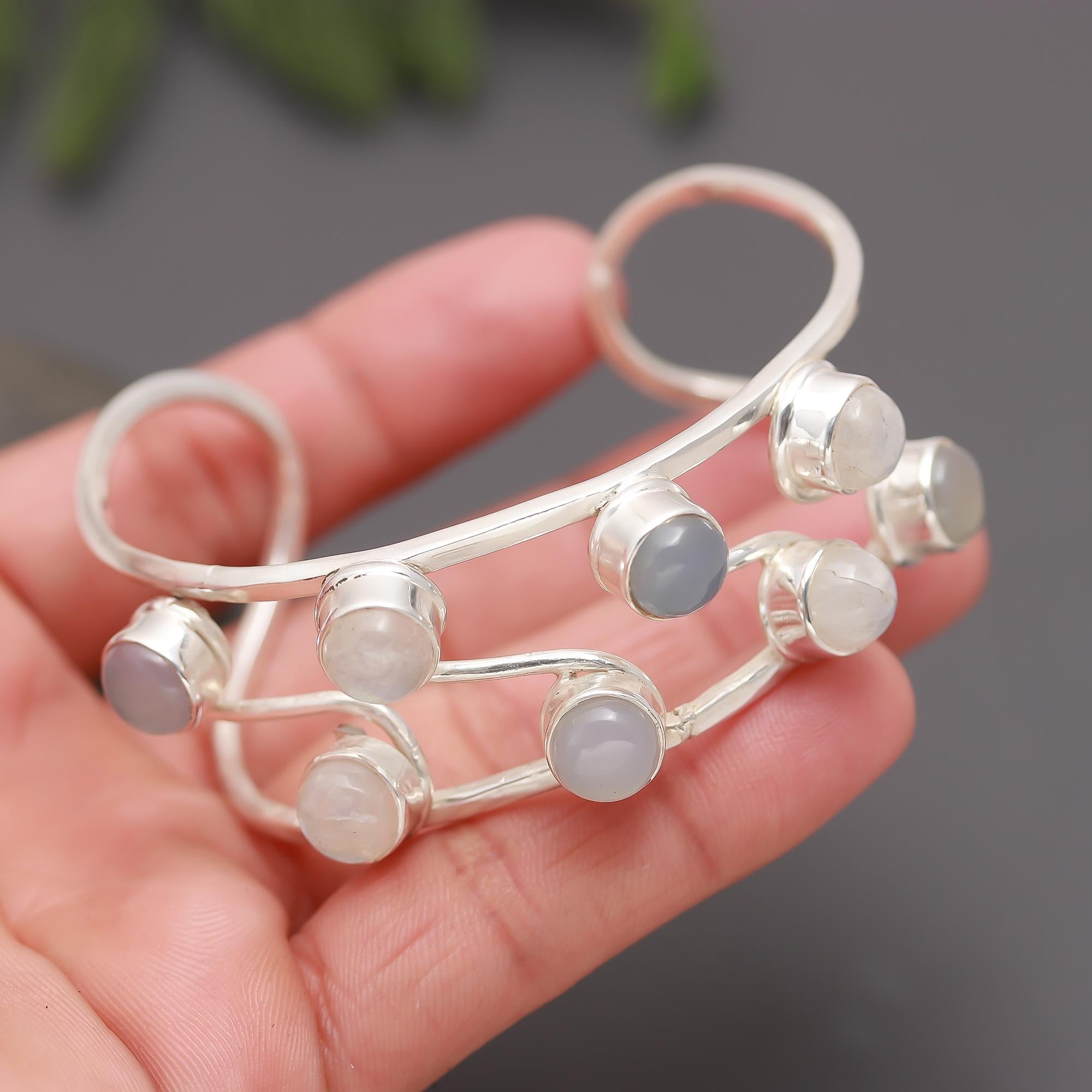925 Silver Moonstone & Grey Chalcedony Cuff Bracelets