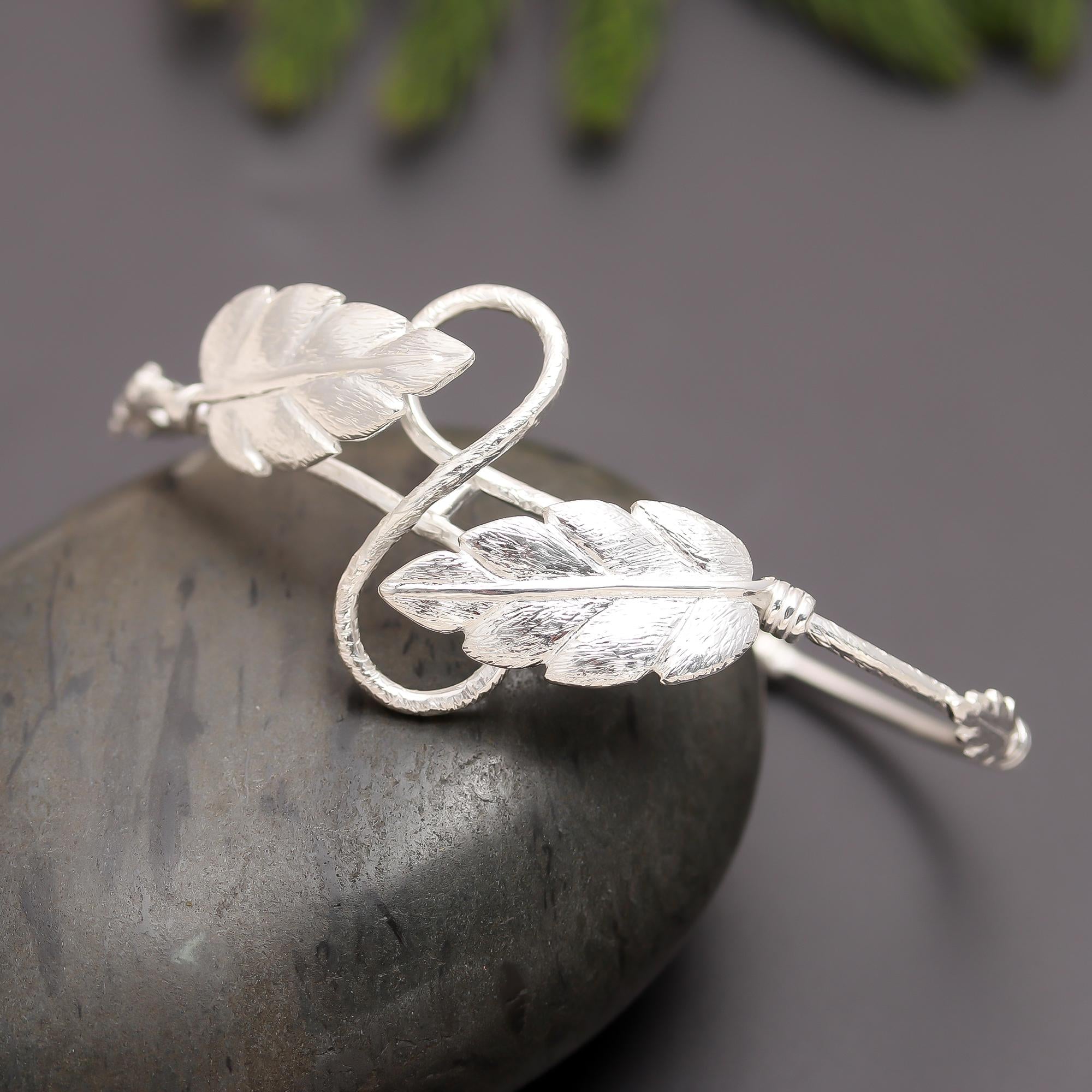 925 Silver Feather Leaf Adjustable Cuff Bracelet