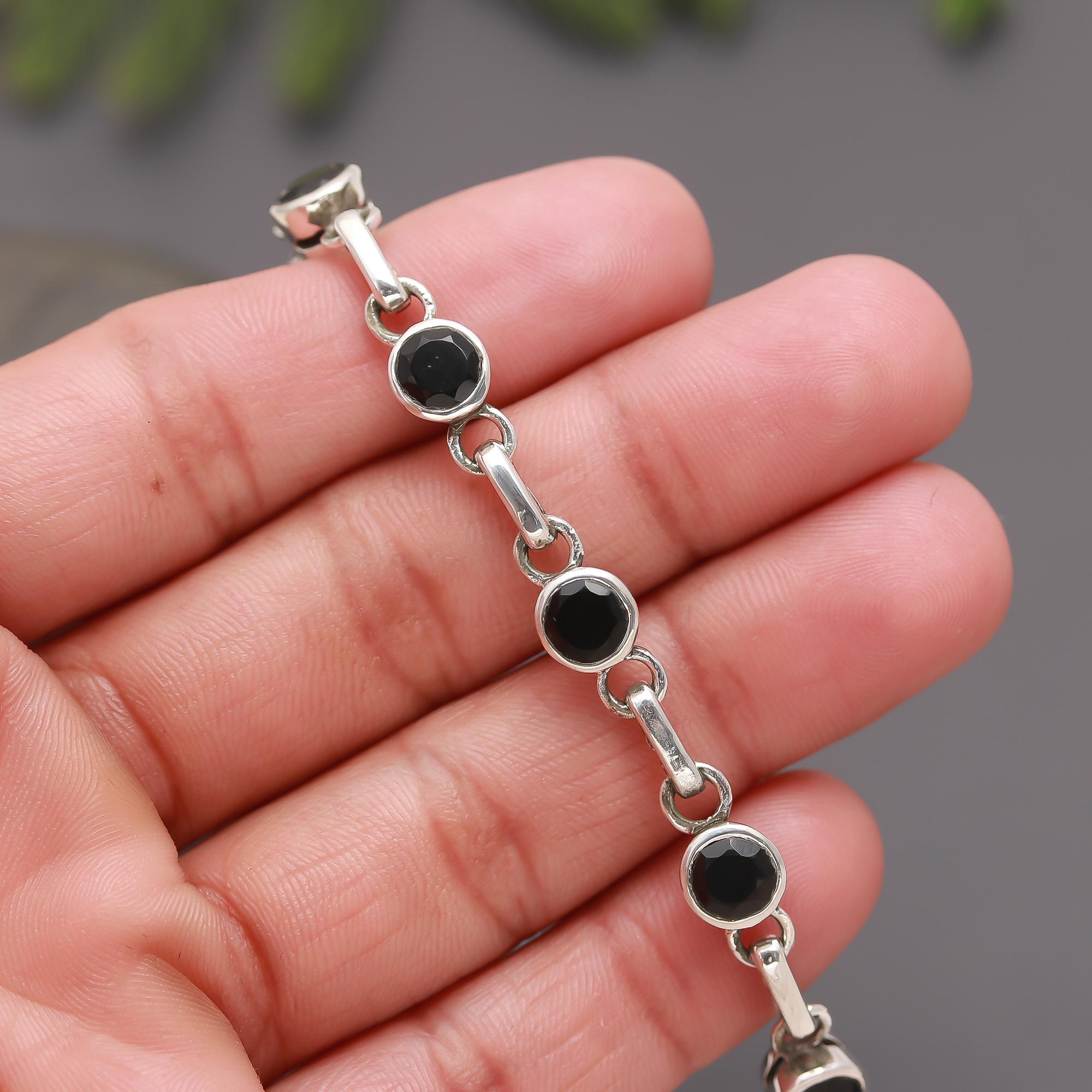 925 Silver Black Onyx Round Link Bracelet