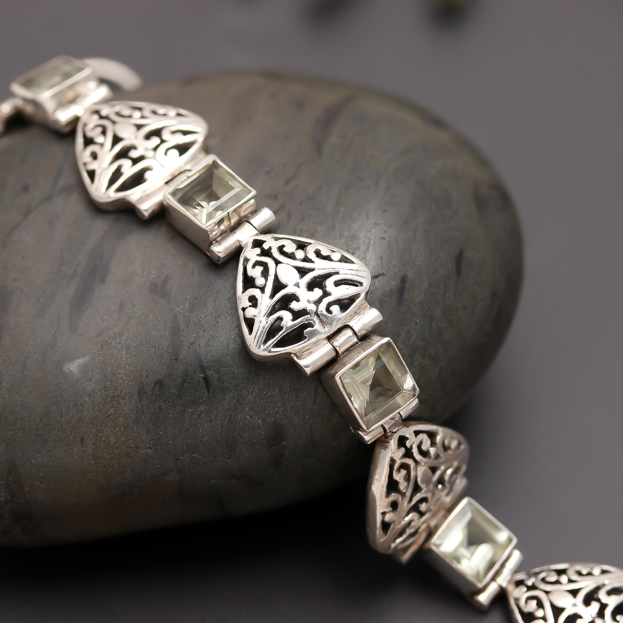 925 Silver Filigree Green Amethyst Bracelet