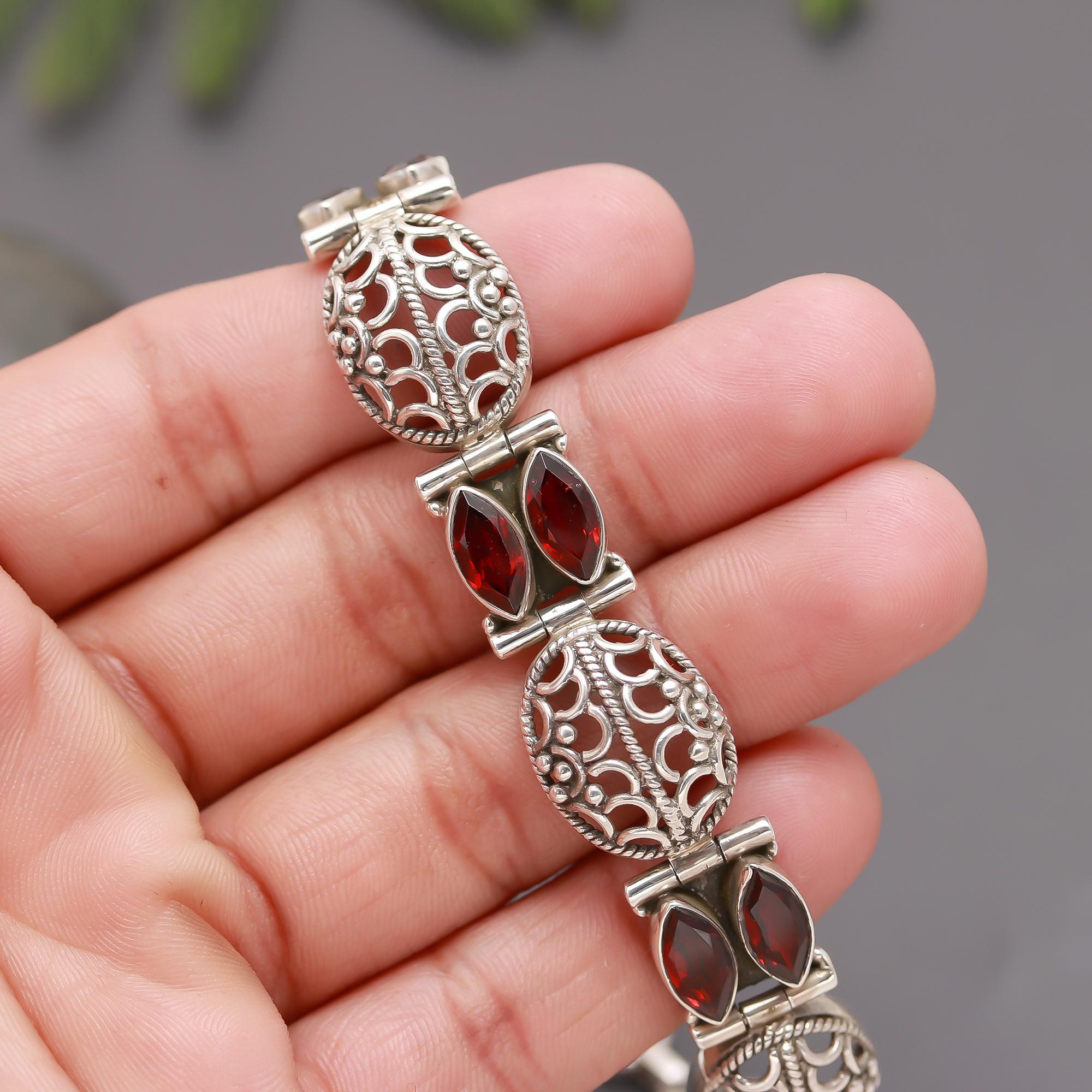 925 Silver Filigree Marquise Garnet Bracelet