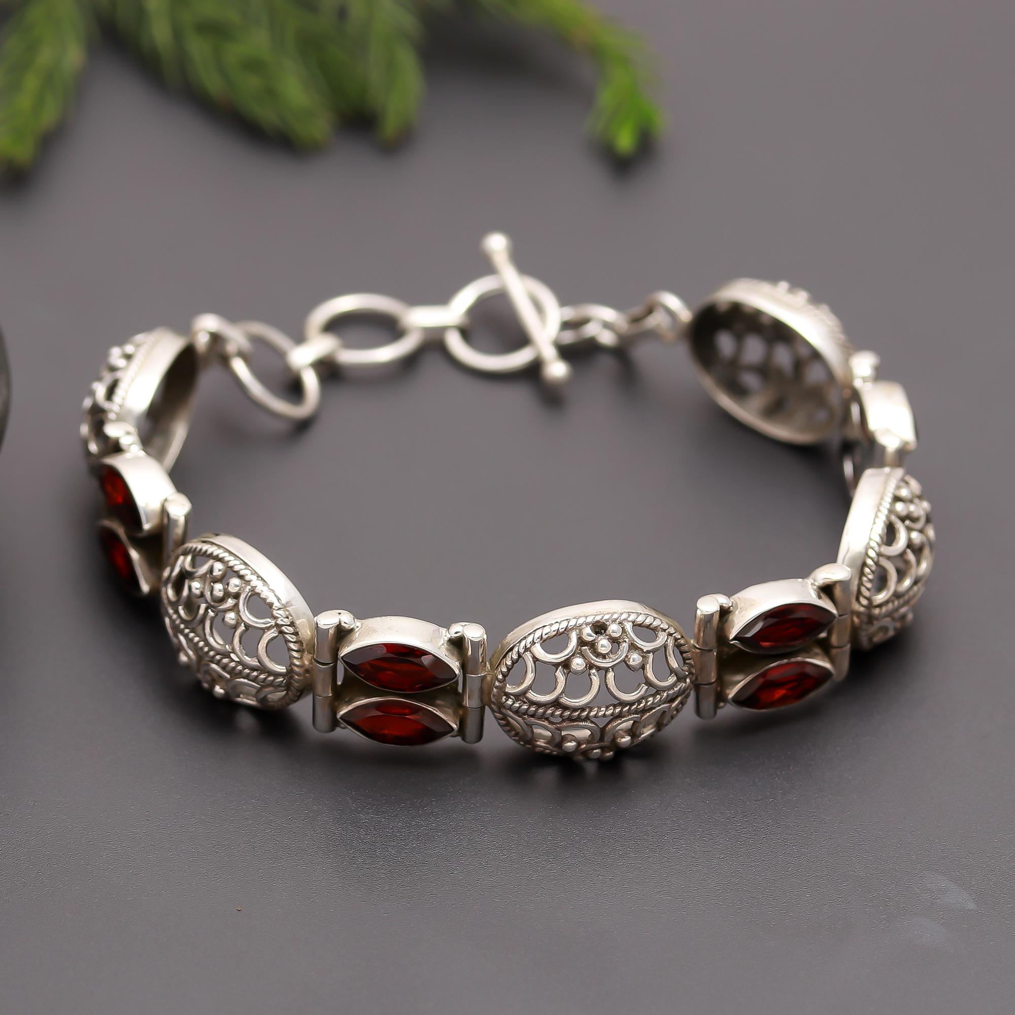 925 Silver Filigree Marquise Garnet Bracelet