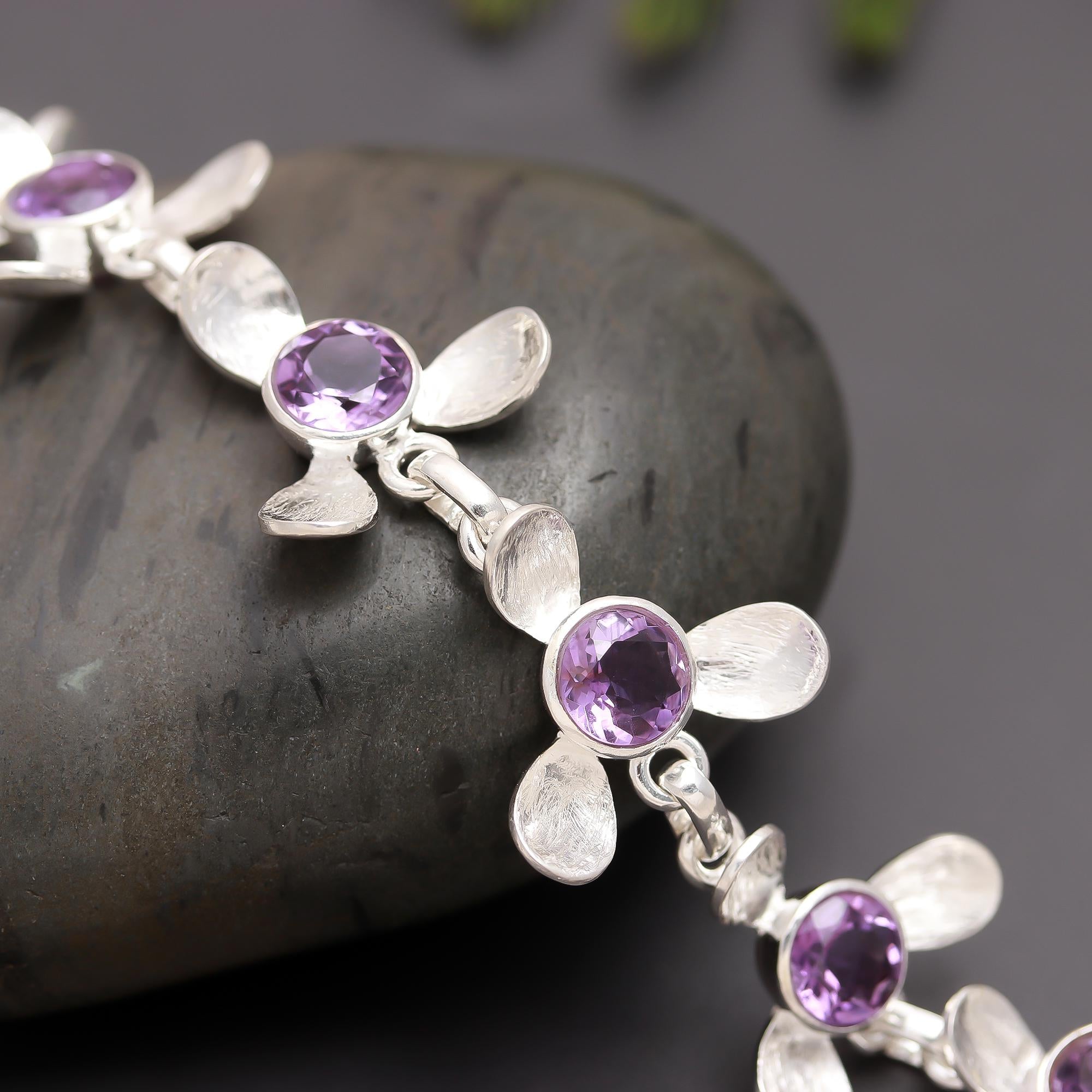 925 Silver Floral Round Amethyst Bracelet