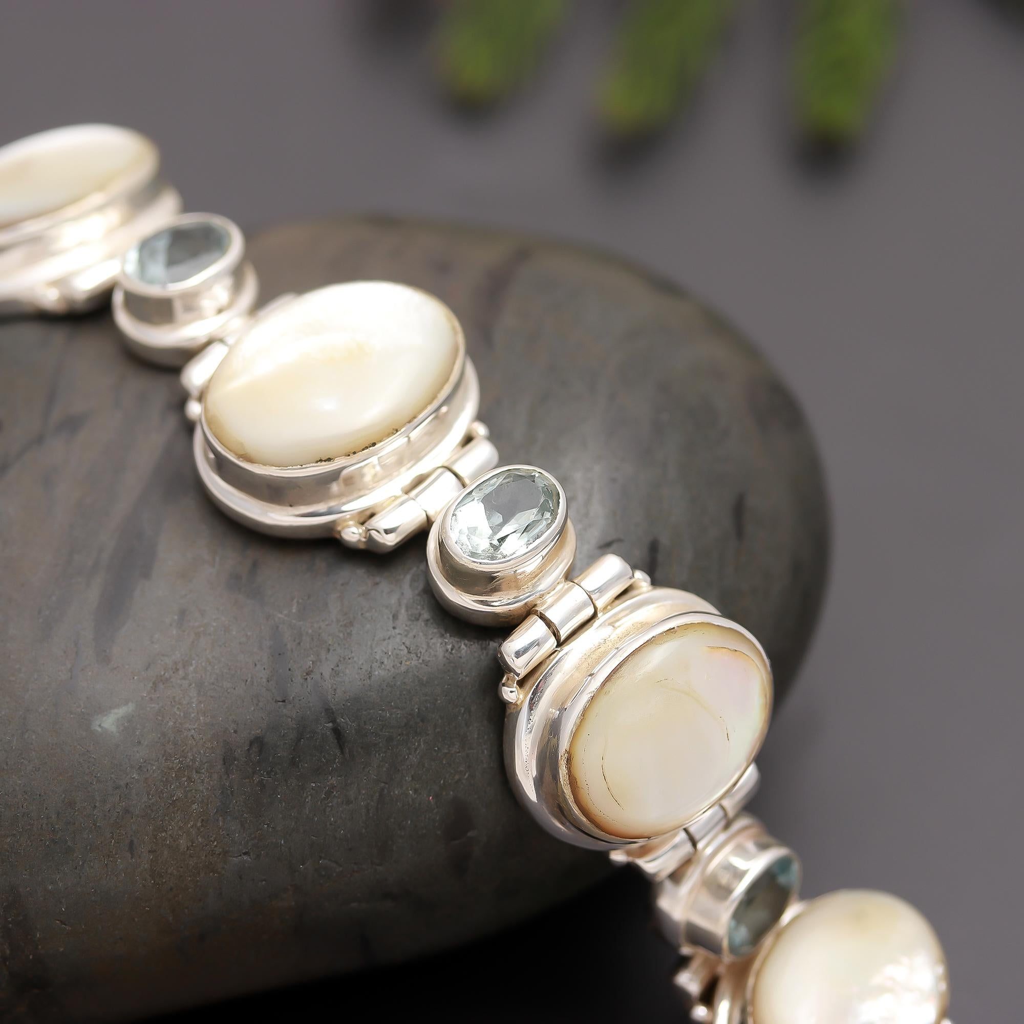 925 Silver Pearl & Aquamarine Bracelet