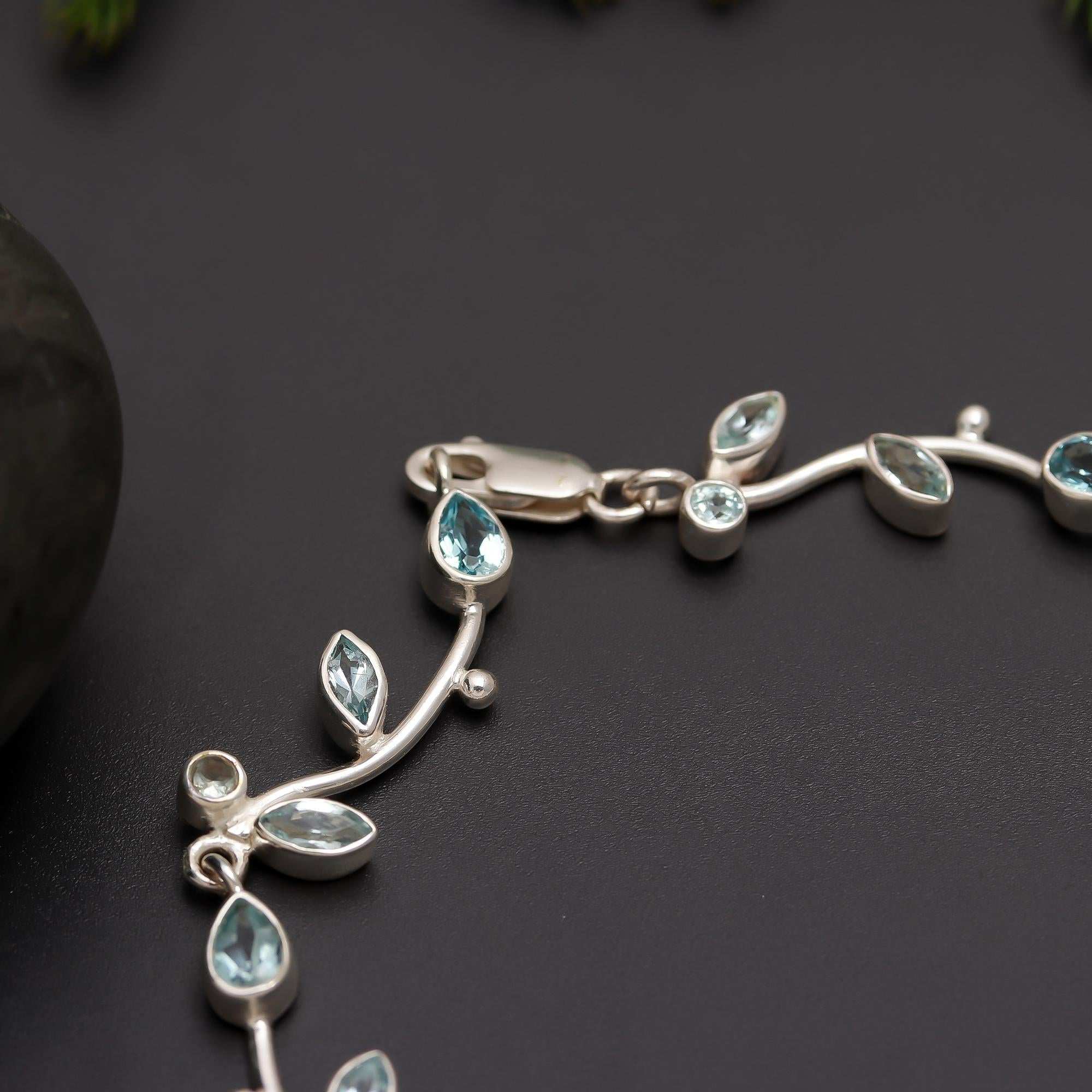 925 Silver Leafy Vine Blue Topaz Bracelet