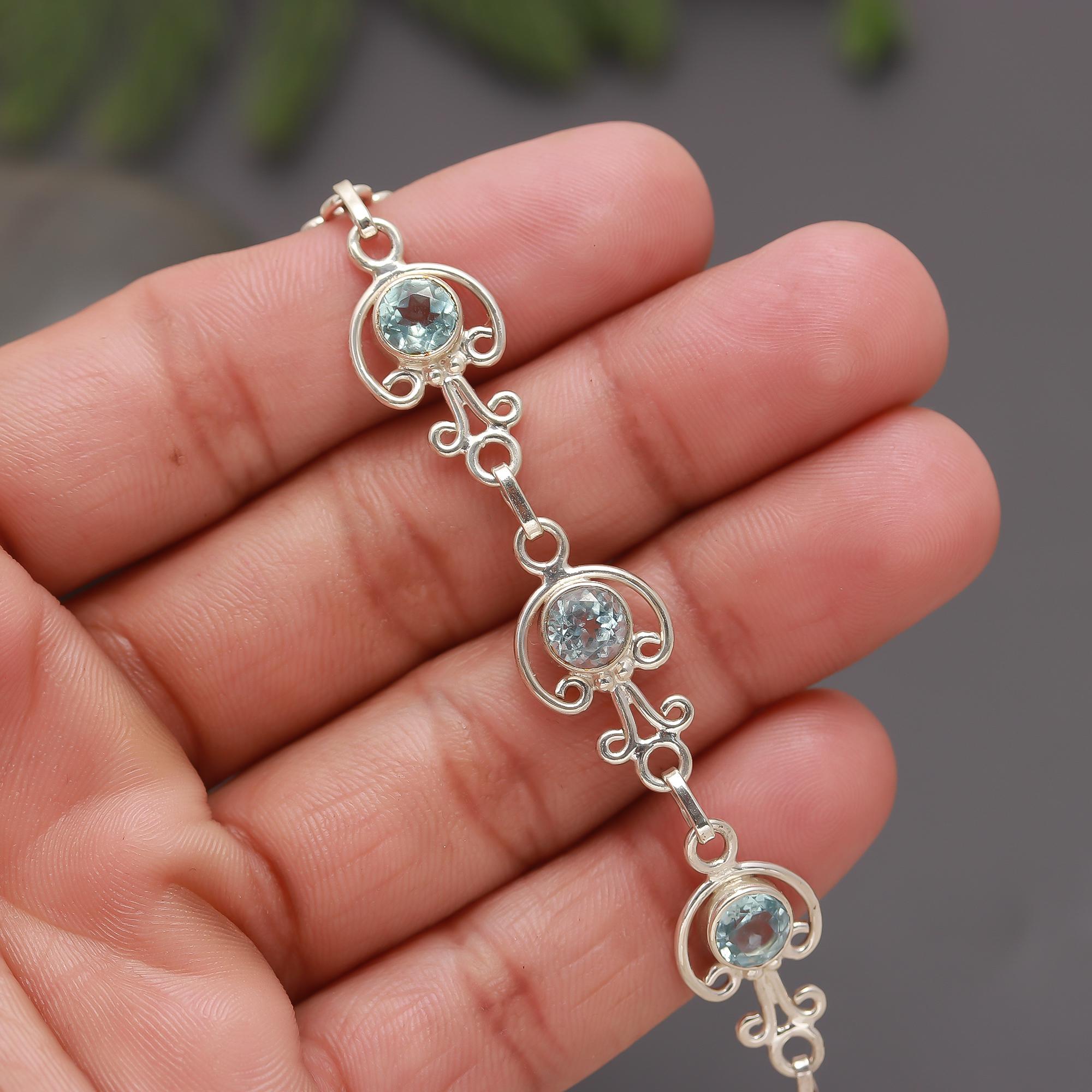 925 Silver Vintage Scroll Blue Topaz Bracelet