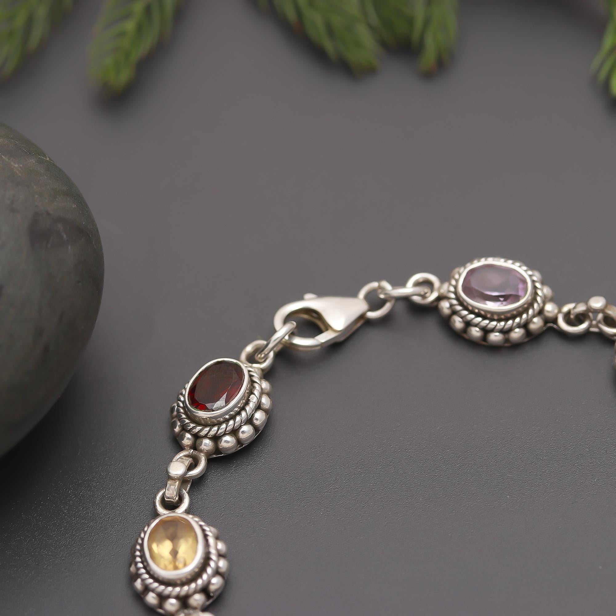 925 Silver Multi-Gem Oval Link Bracelet