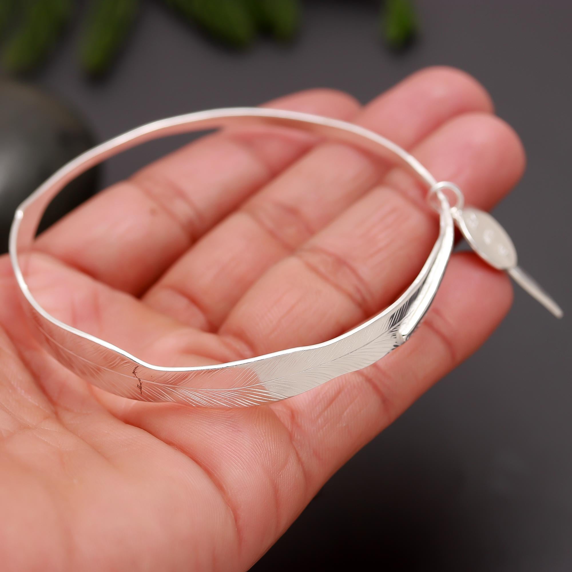 925 Silver Feather Bangle Bracelet